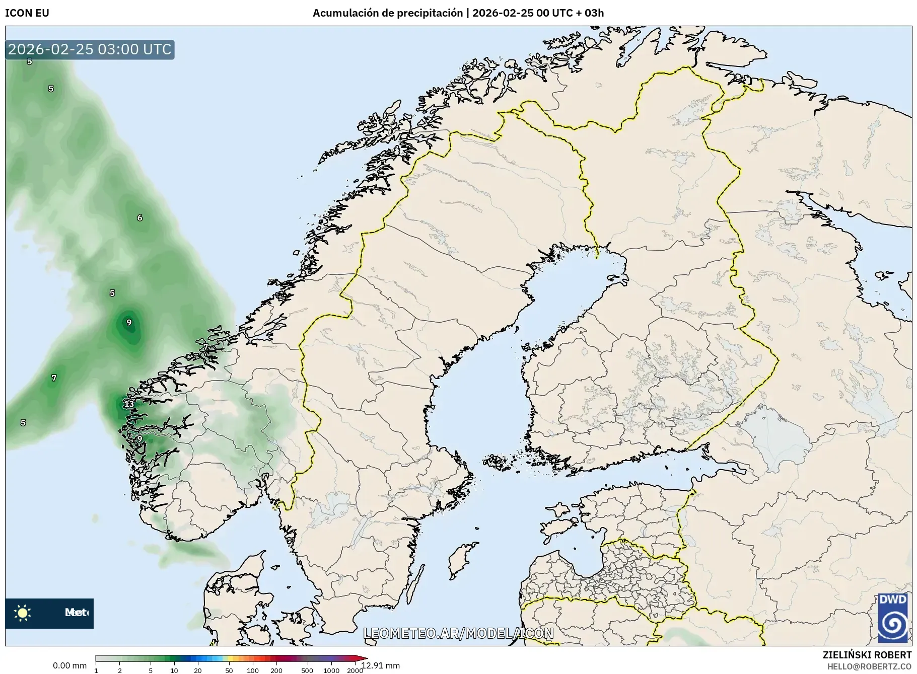 ICON model - Escandinavia, Acumulación de precipitación