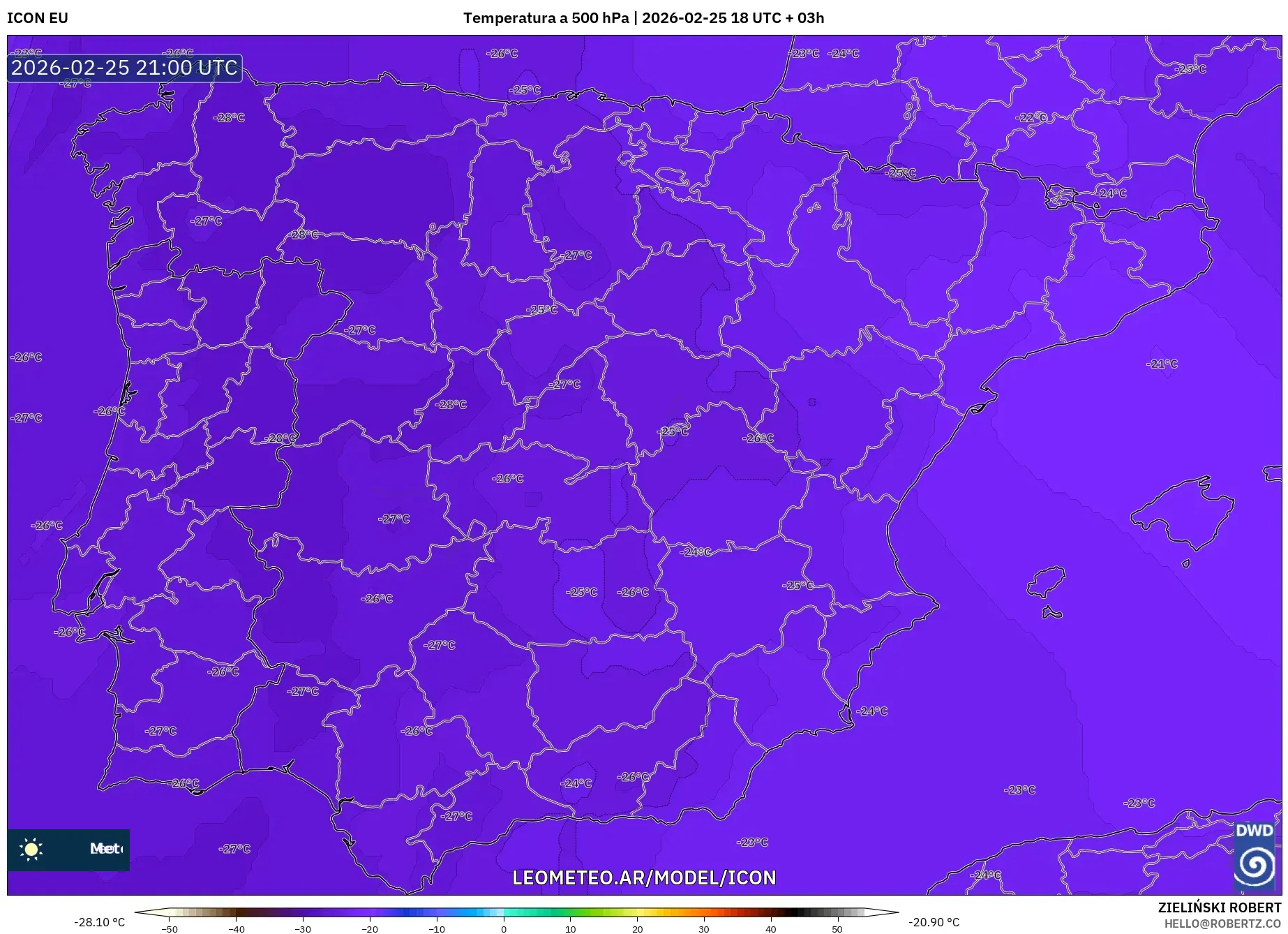 ICON model - España, Temperatura a 500 hPa