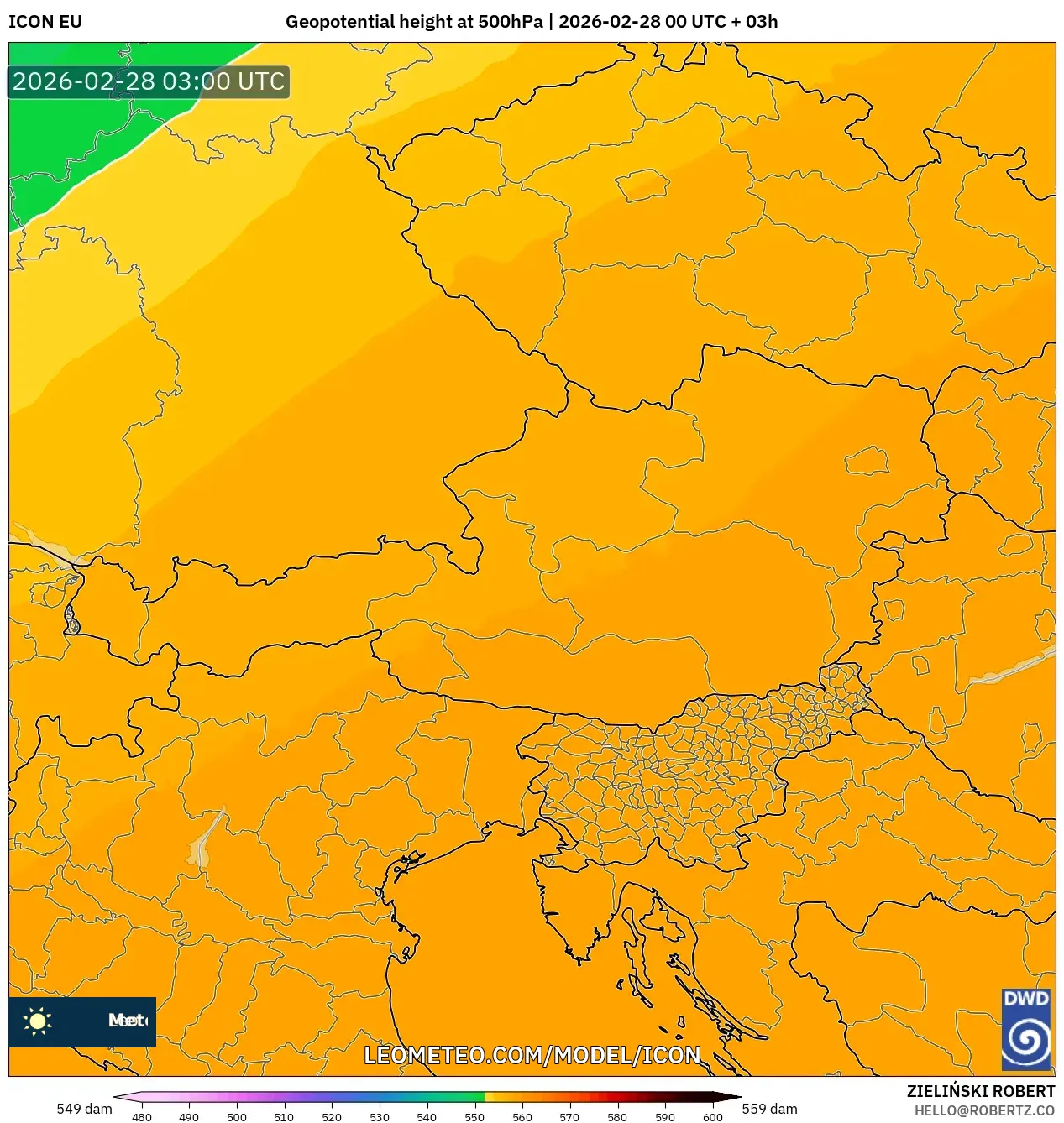 ICON model - Austria, Altura geopotencial a 500 hPa