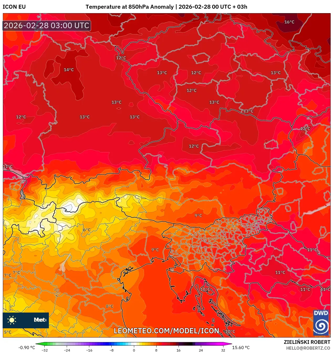 ICON model - Austria, Anomalía de temperatura a 850 hPa