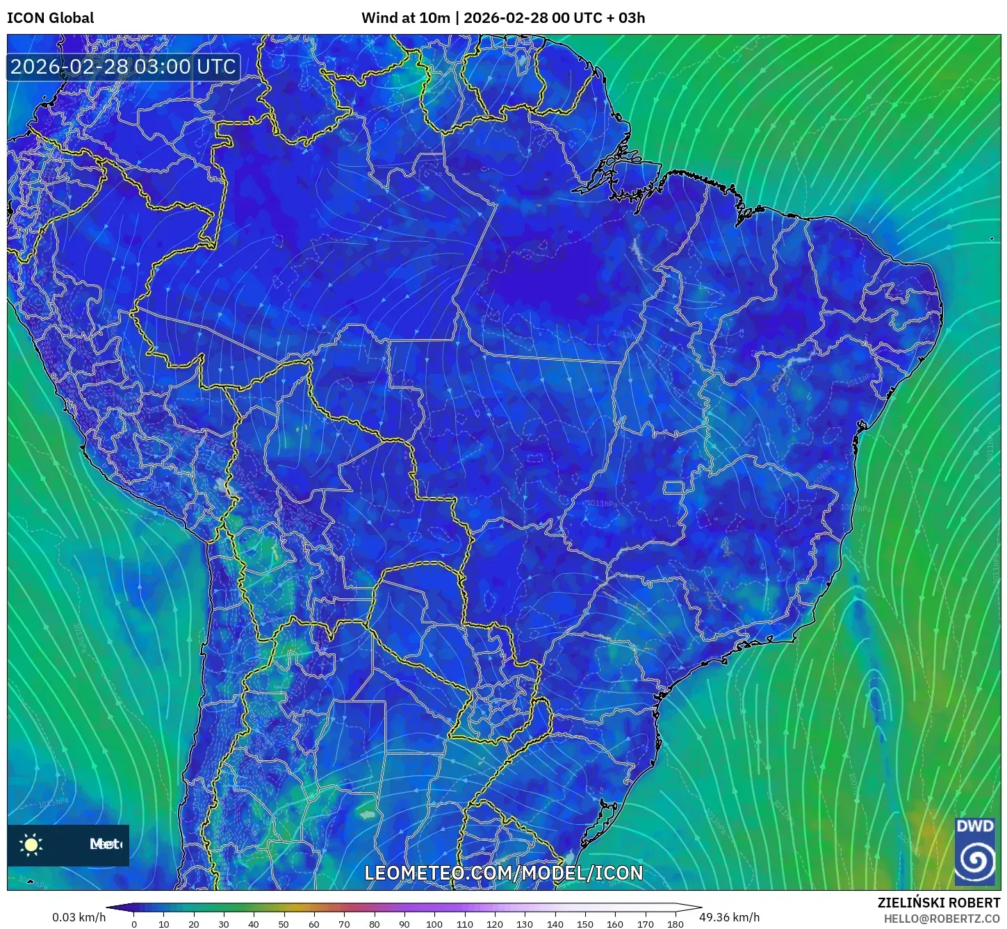 ICON model - Brasil, Viento a 10 m