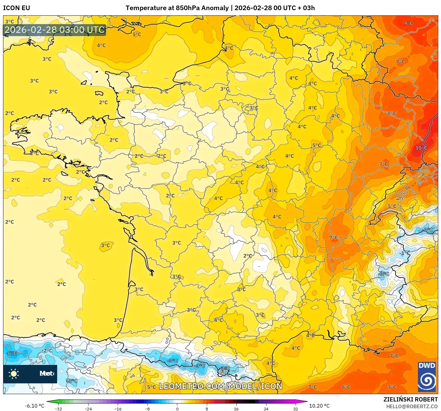 ICON model - Francia, Anomalía de temperatura a 850 hPa