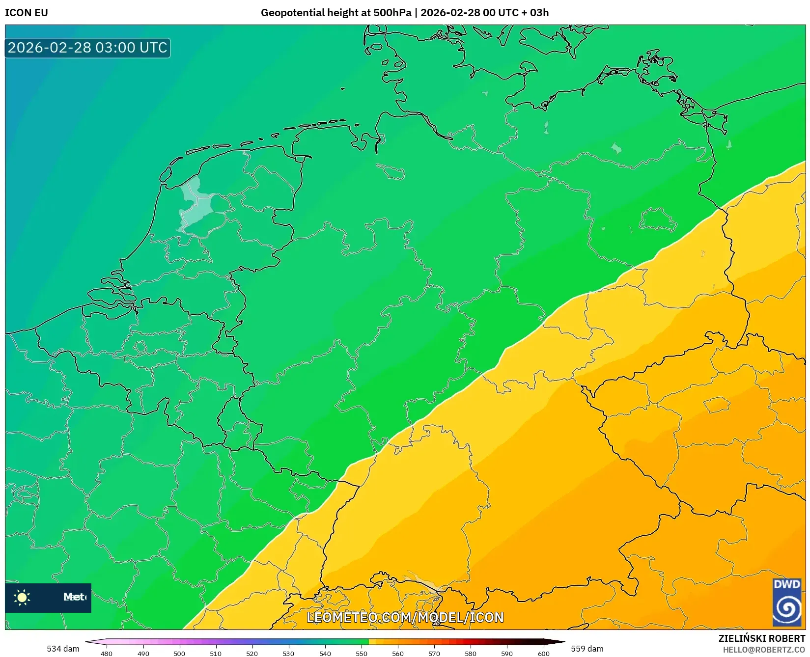 ICON model - Alemania, Altura geopotencial a 500 hPa