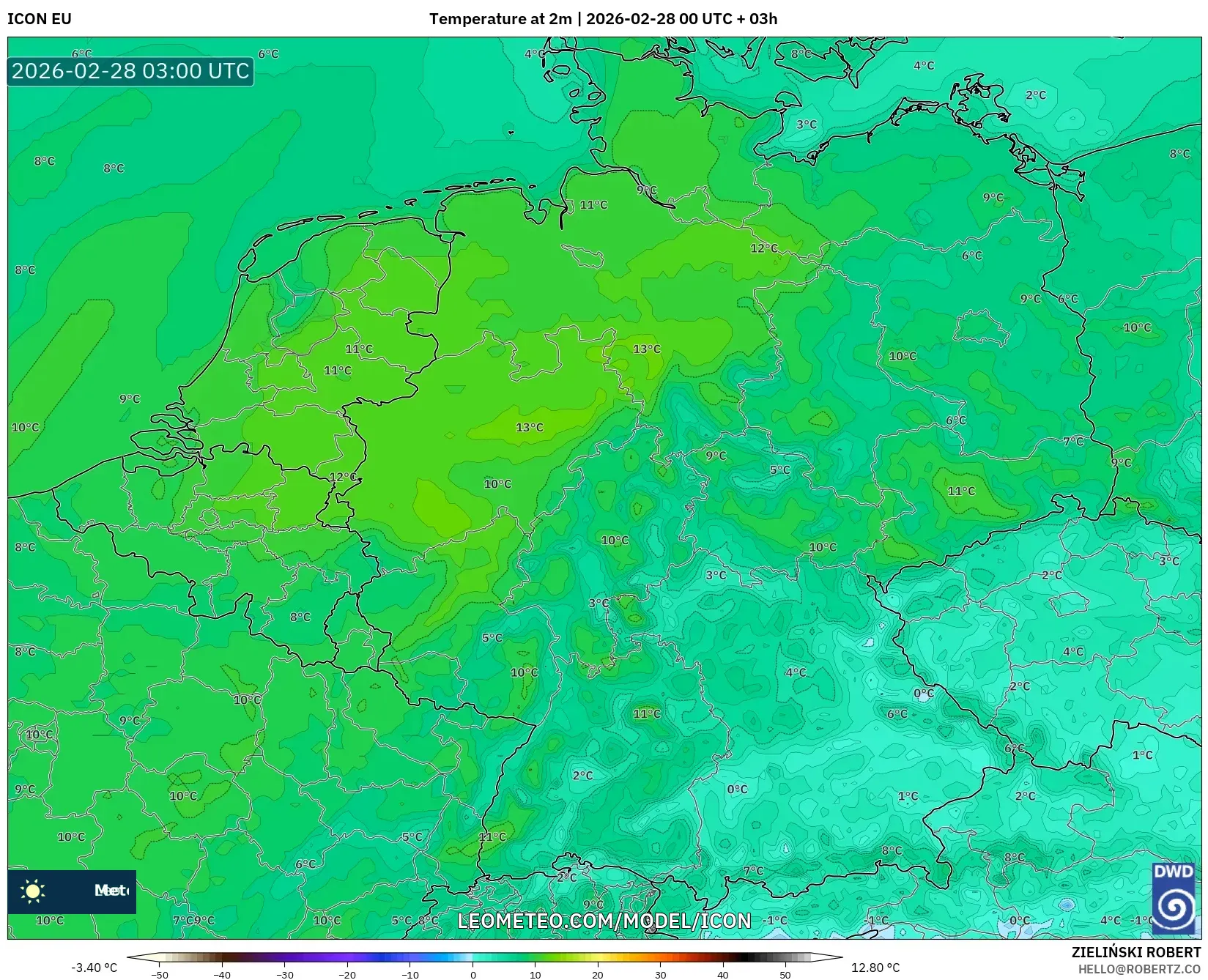 ICON model - Alemania, Temperatura a 2 m
