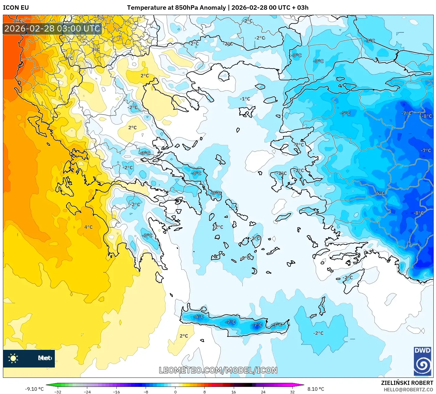 ICON model - Grecia, Anomalía de temperatura a 850 hPa