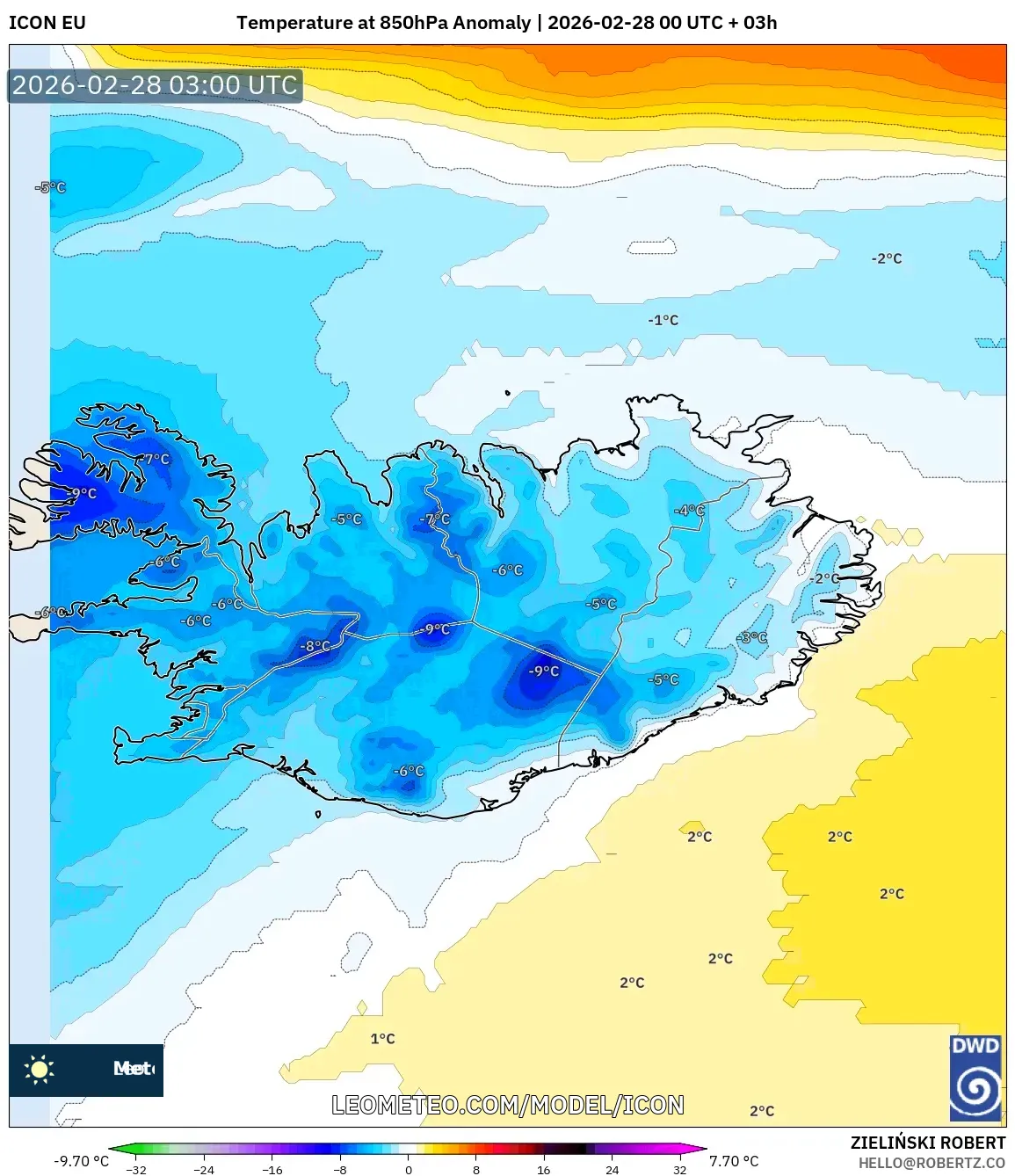 ICON model - Islandia, Anomalía de temperatura a 850 hPa