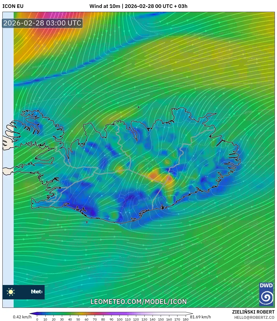 ICON model - Islandia, Viento a 10 m