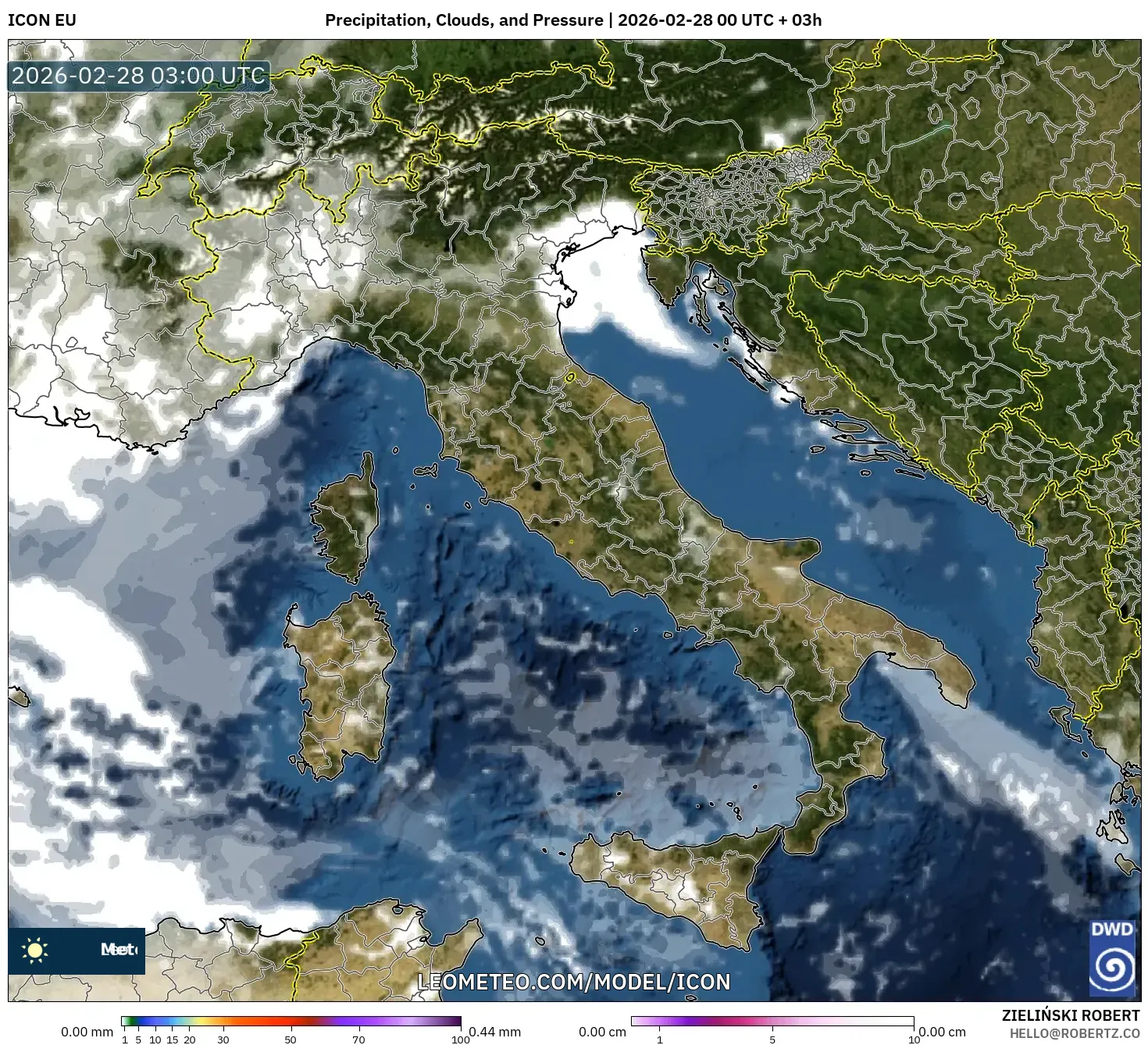 ICON model - Italia, Precipitación, nubes y presión