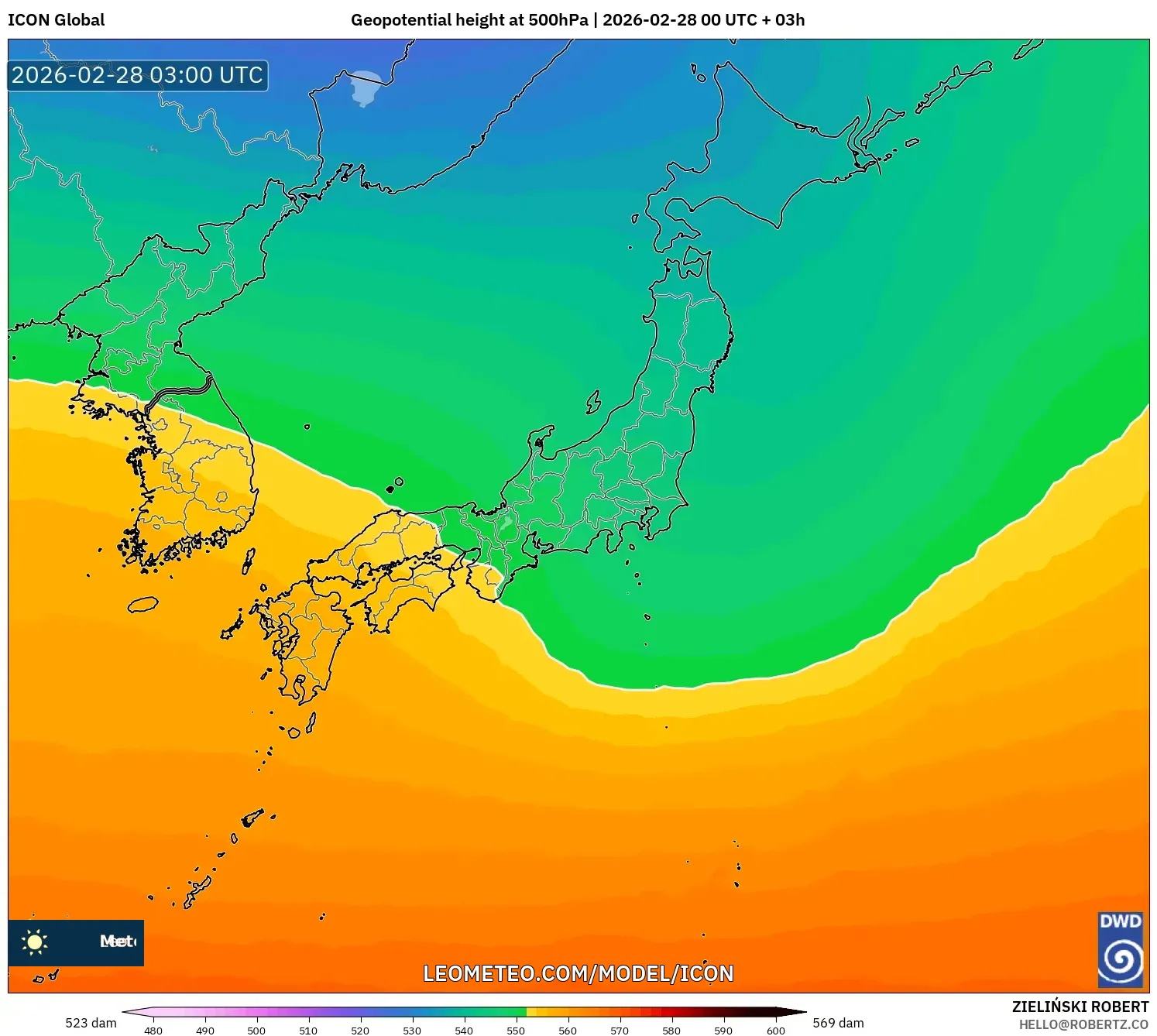 ICON model - Japón, Altura geopotencial a 500 hPa