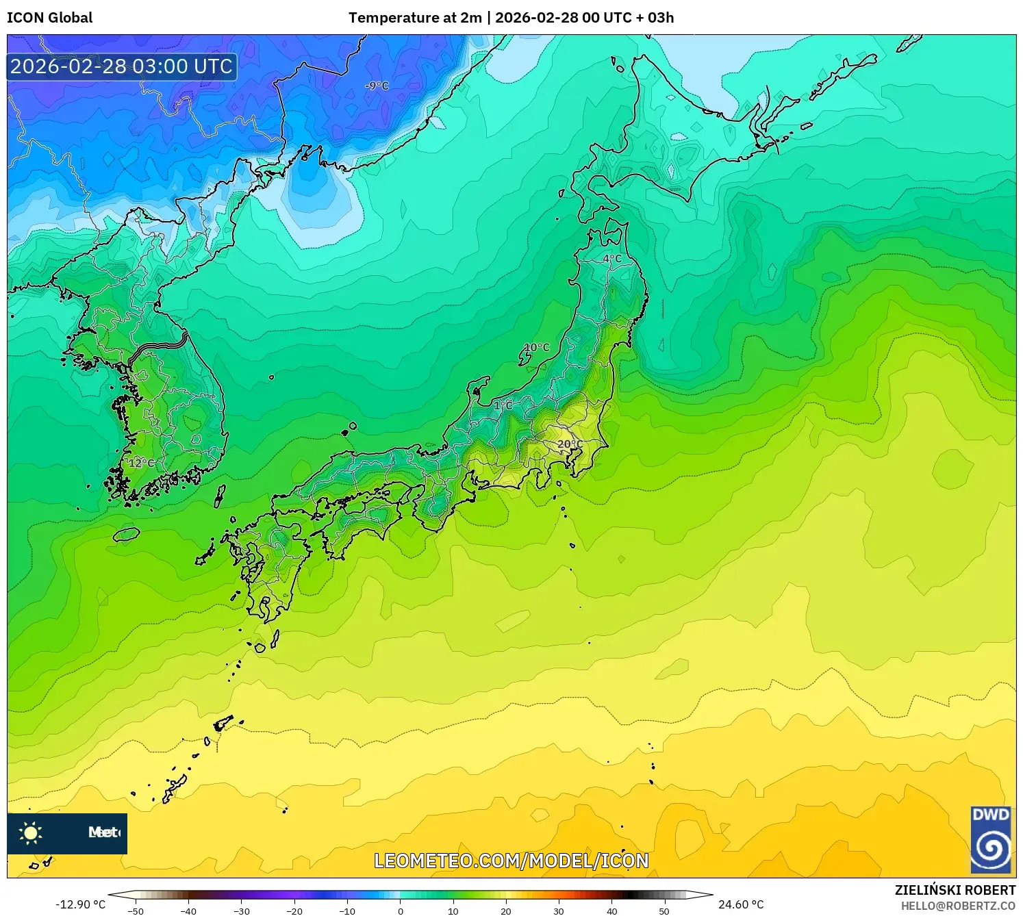 ICON model - Japón, Temperatura a 2 m