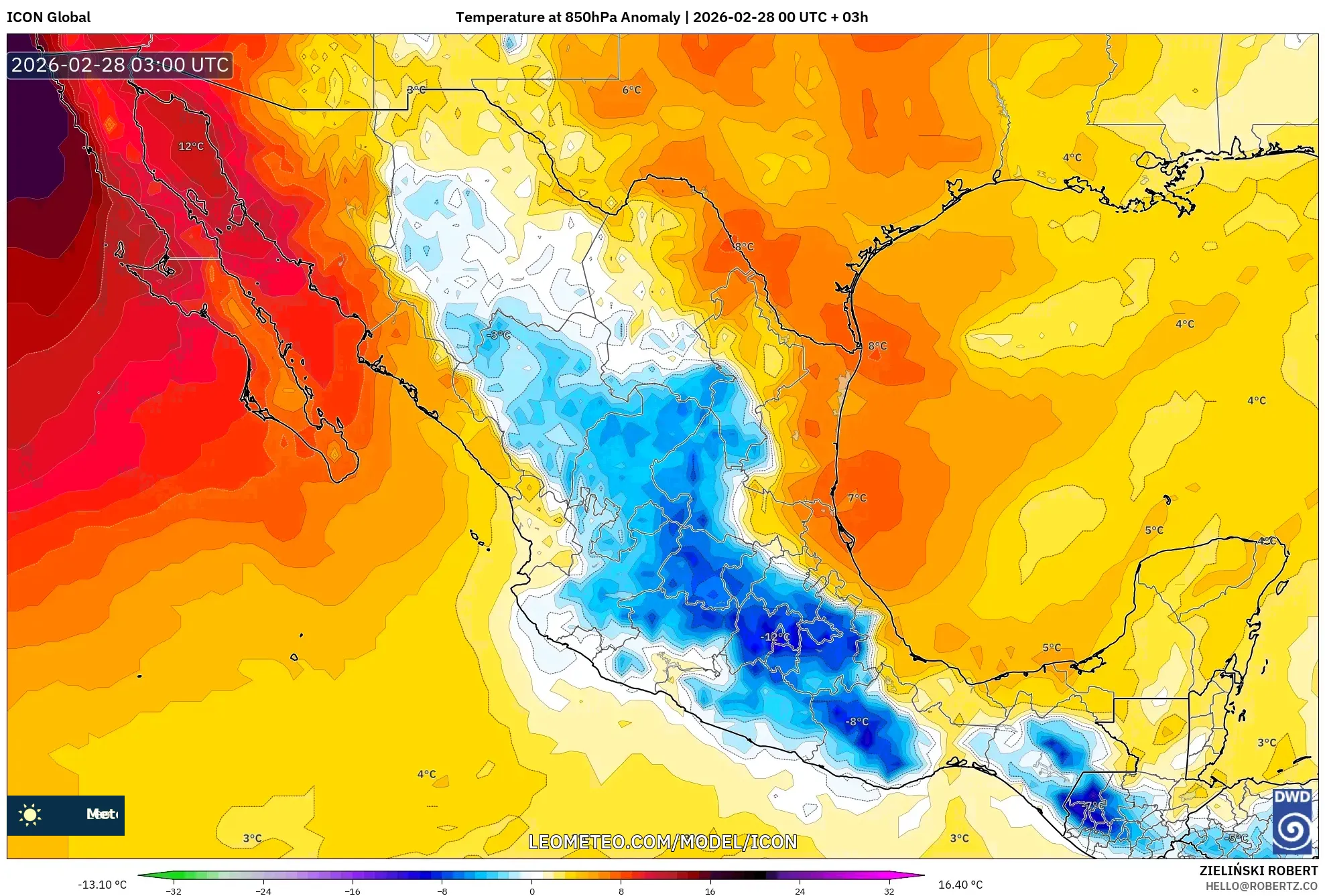ICON model - México, Anomalía de temperatura a 850 hPa