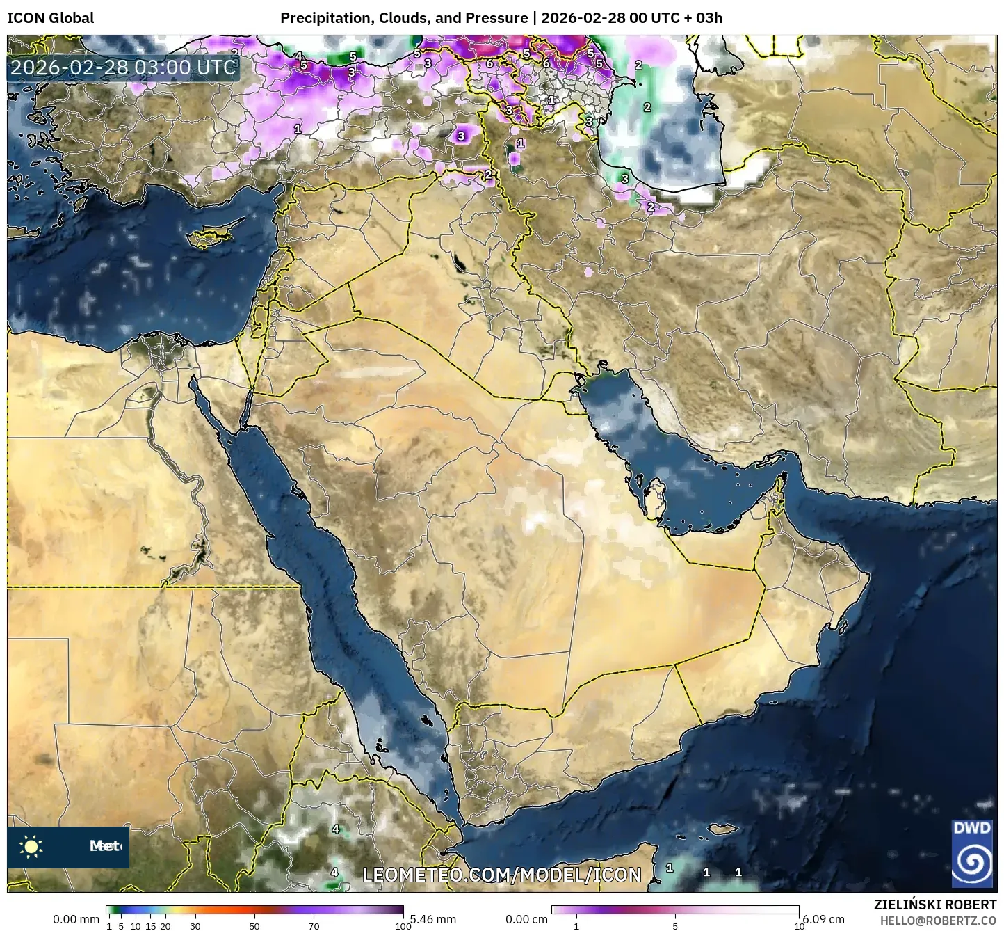 ICON model - Oriente Medio, Precipitación, nubes y presión