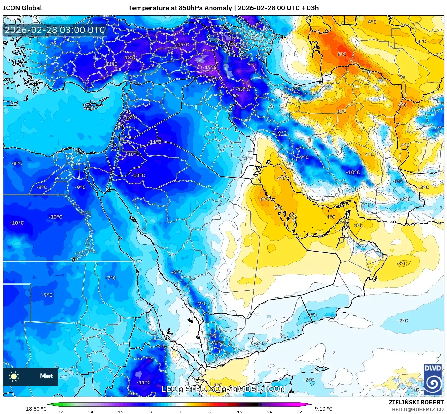ICON model - Oriente Medio, Anomalía de temperatura a 850 hPa