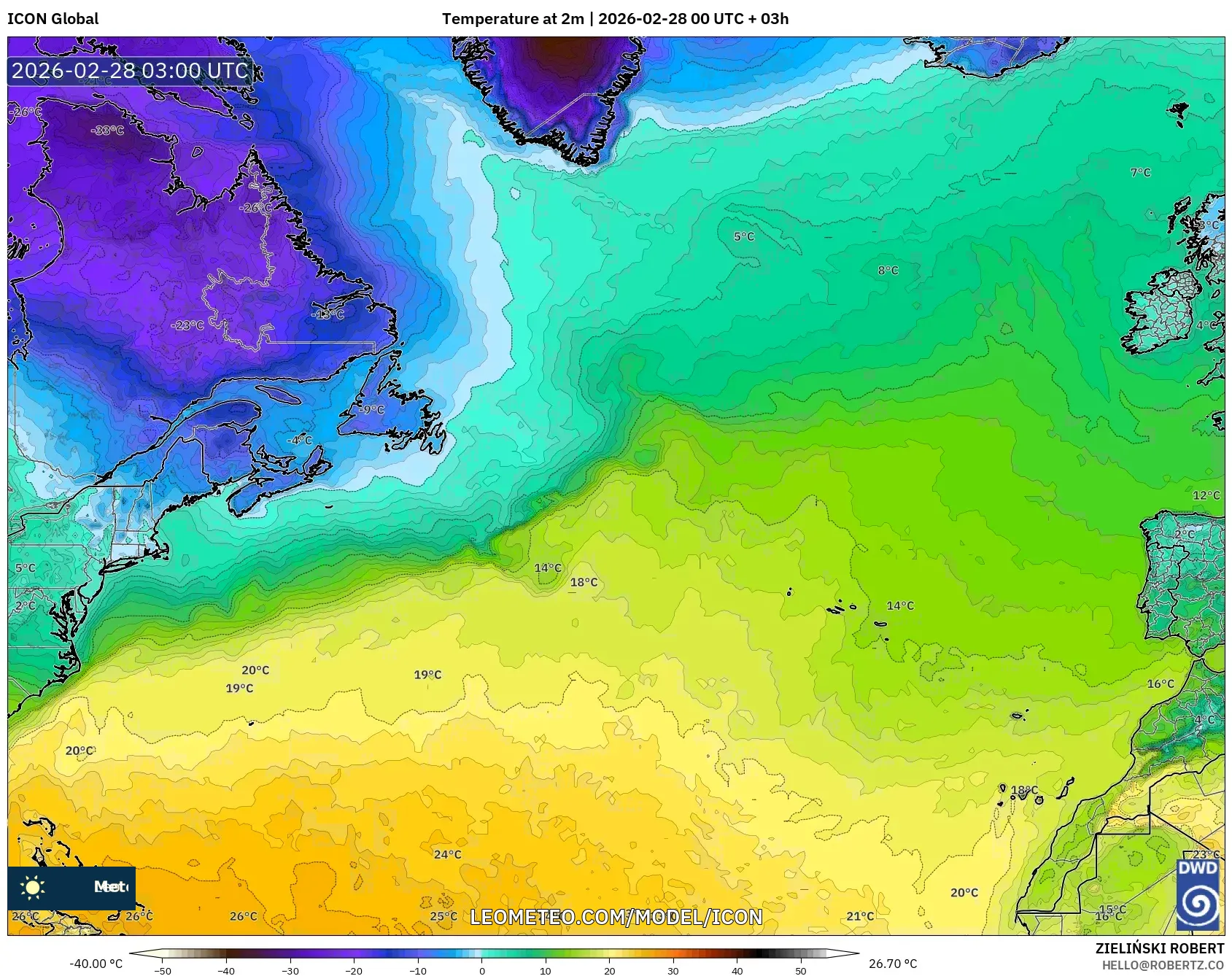ICON model - Norte Atlántico, Temperatura a 2 m
