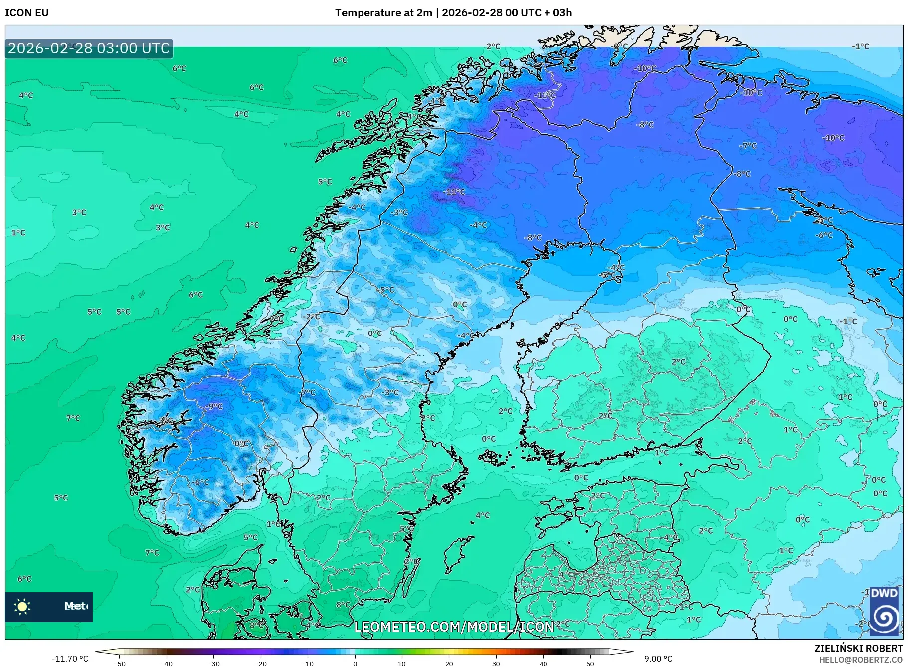 ICON model - Escandinavia, Temperatura a 2 m