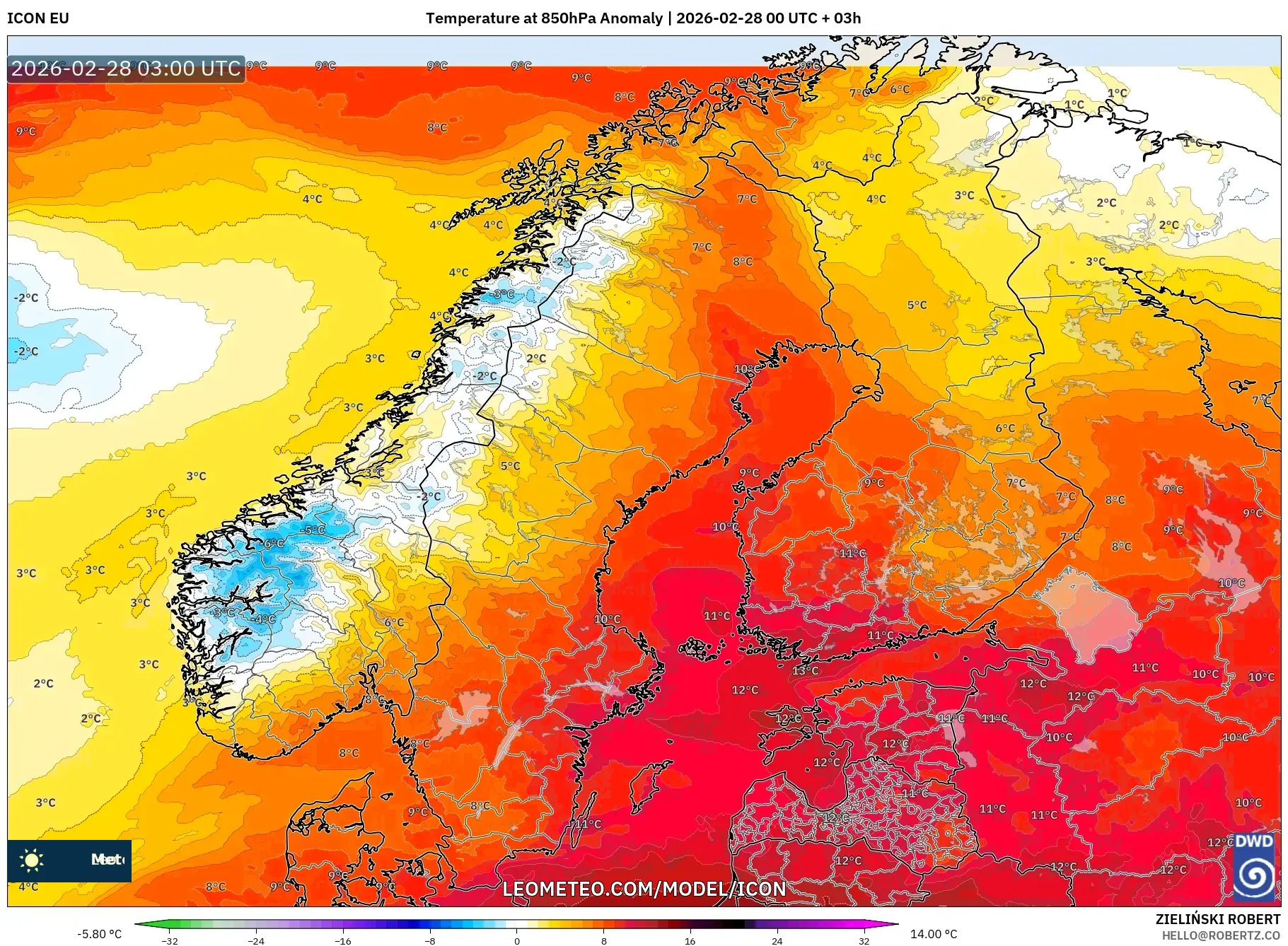 ICON model - Escandinavia, Anomalía de temperatura a 850 hPa