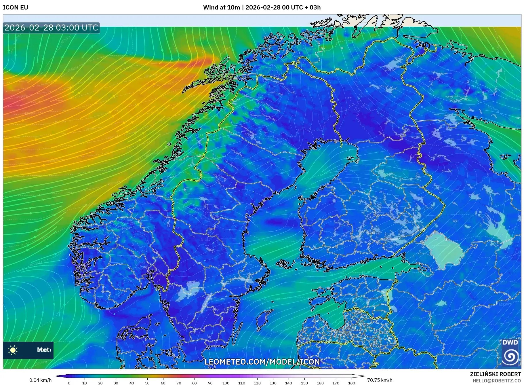 ICON model - Escandinavia, Viento a 10 m