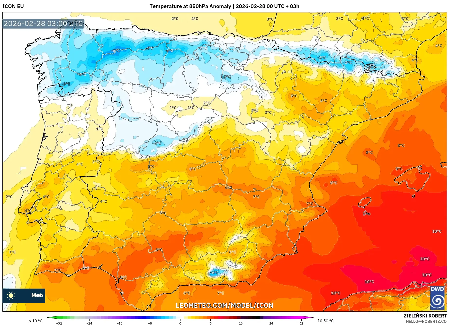 ICON model - España, Anomalía de temperatura a 850 hPa