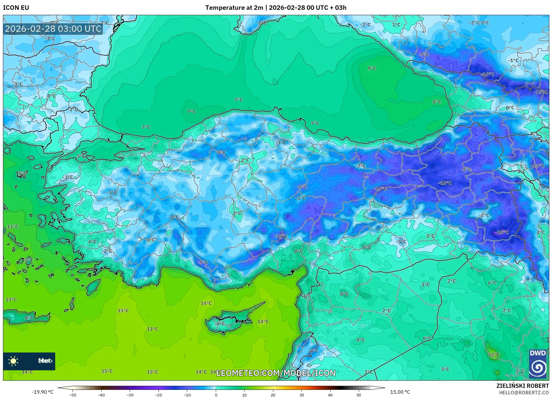 ICON model - Turquía, Temperatura a 2 m