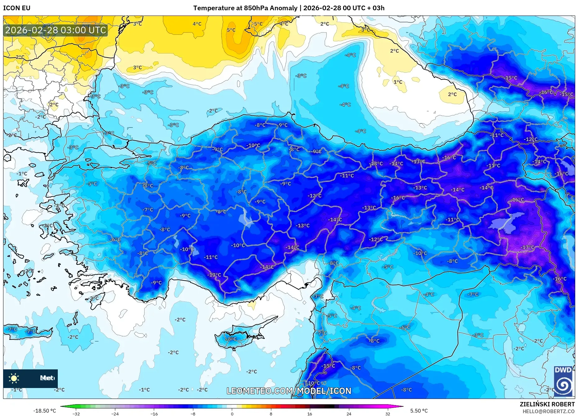 ICON model - Turquía, Anomalía de temperatura a 850 hPa