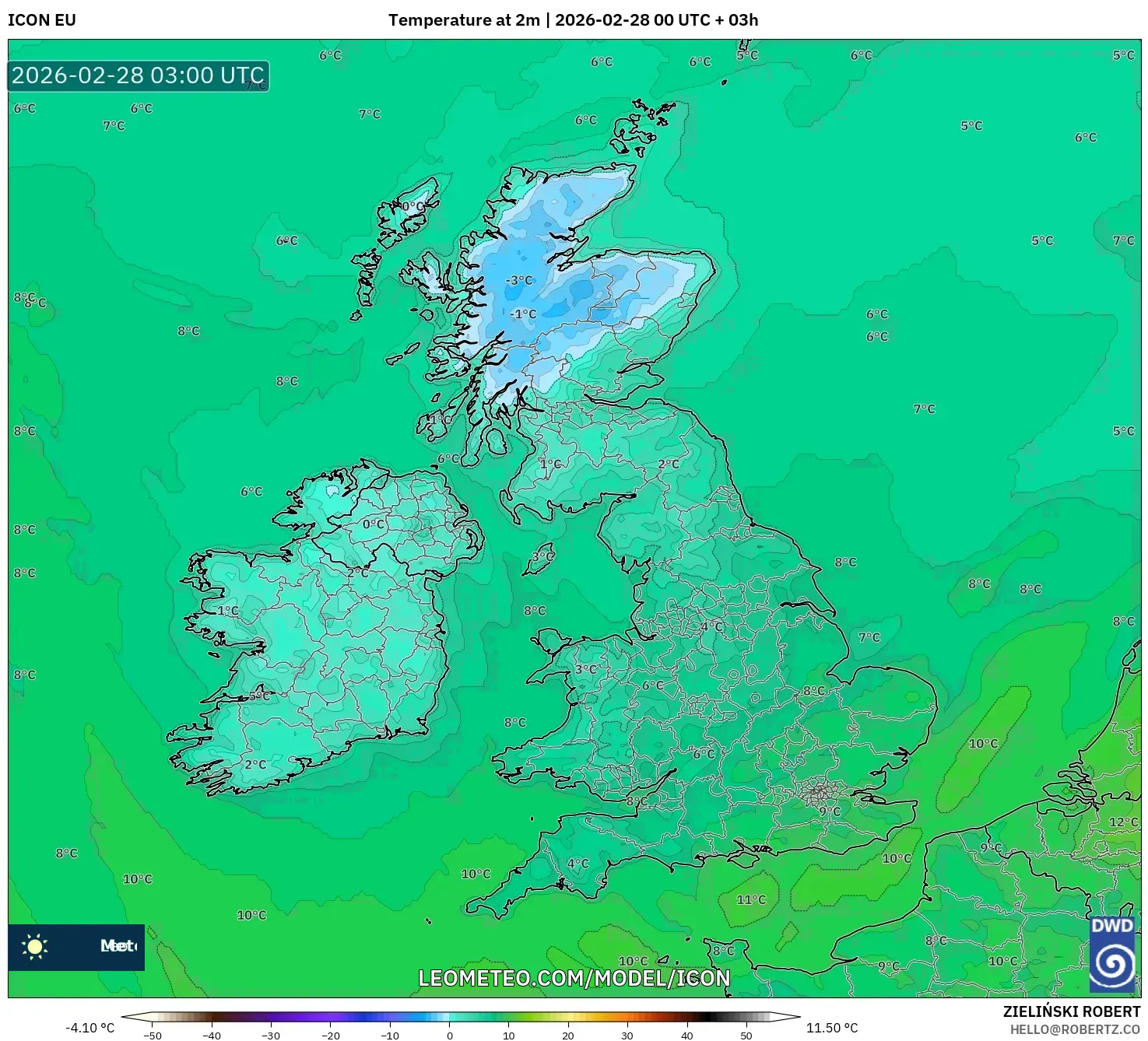 ICON model - Reino Unido, Temperatura a 2 m