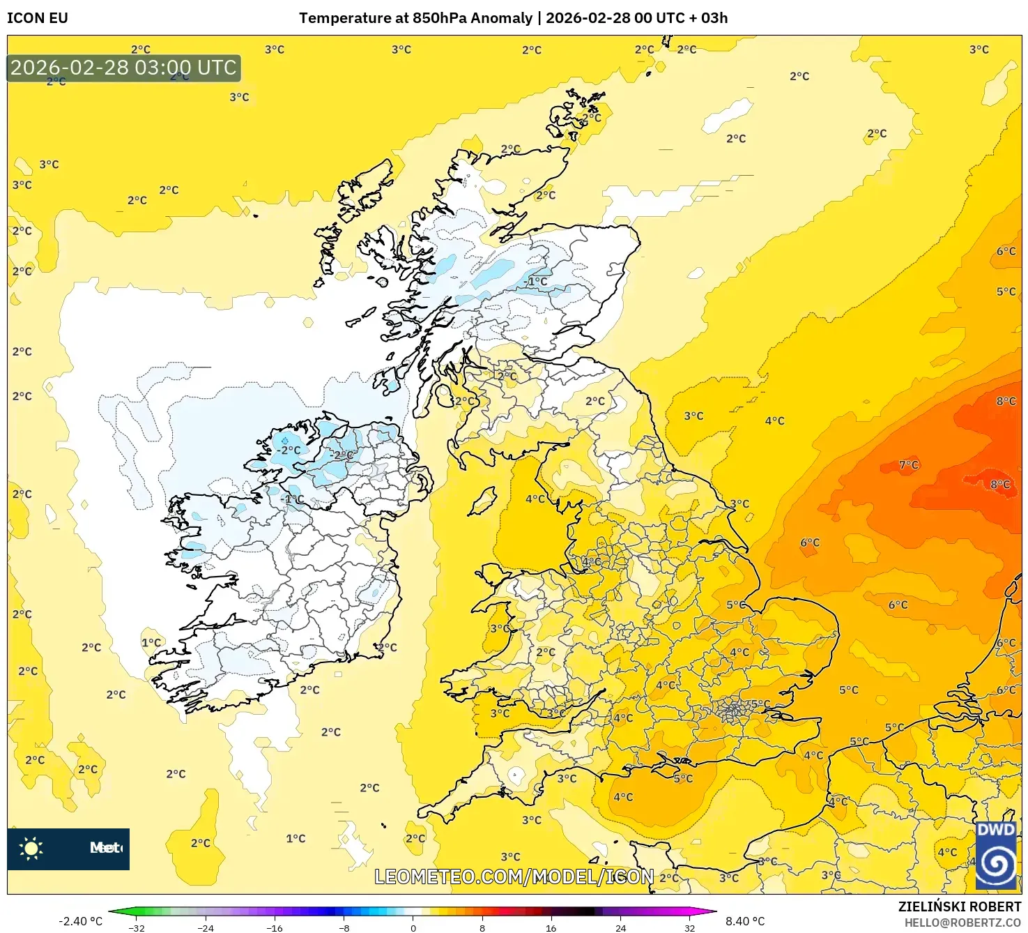 ICON model - Reino Unido, Anomalía de temperatura a 850 hPa