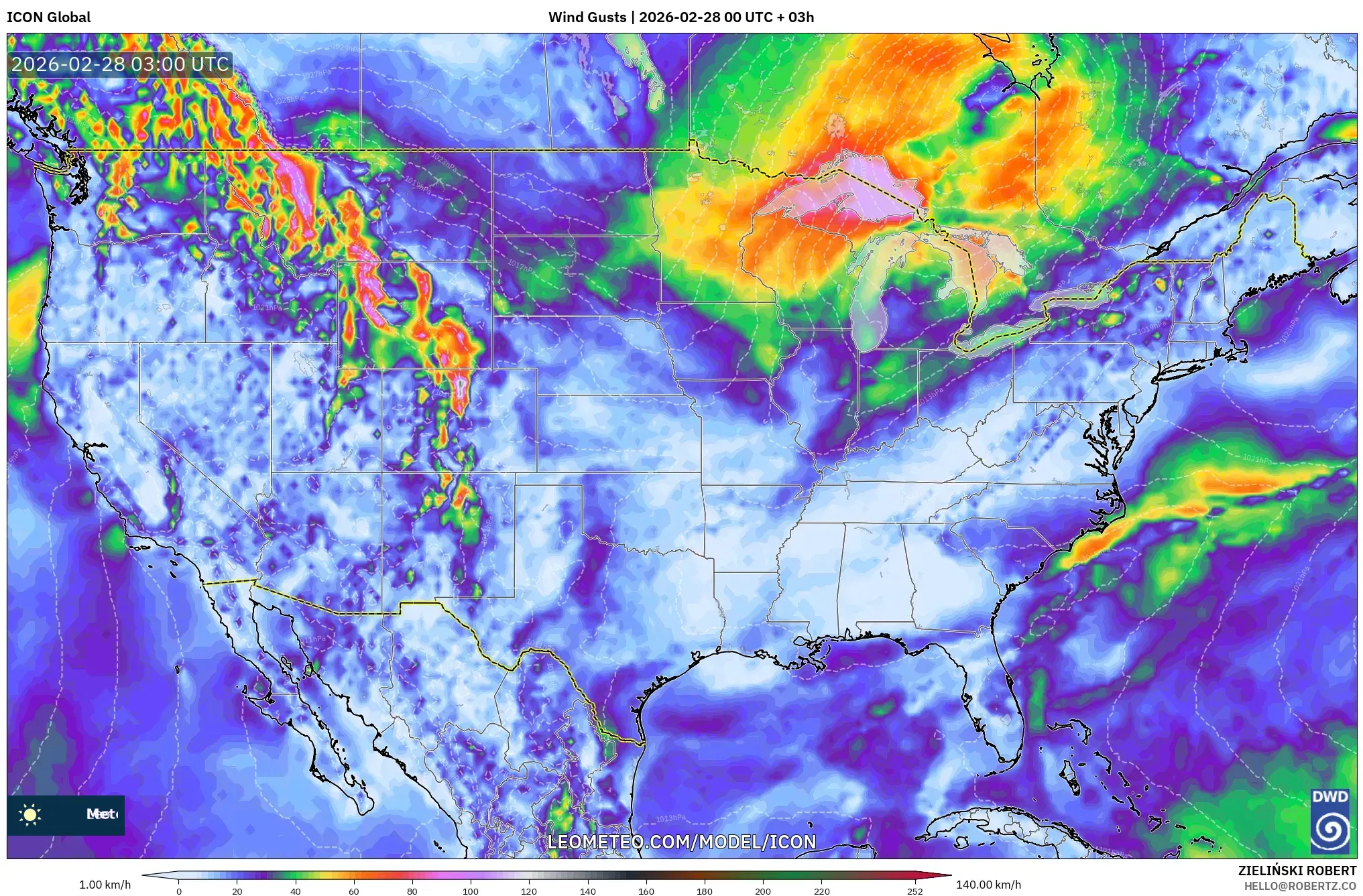 ICON model - Estados Unidos, Ráfagas de viento