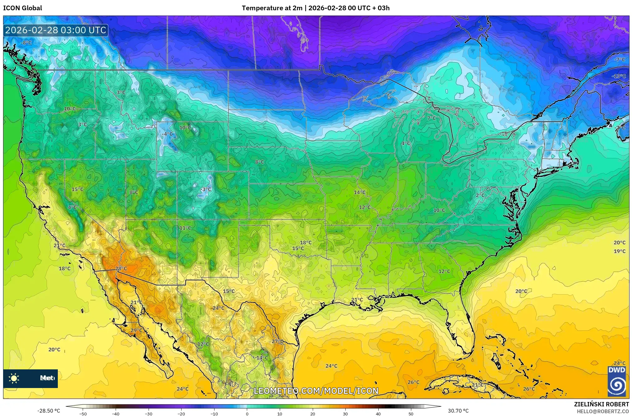 ICON model - Estados Unidos, Temperatura a 2 m