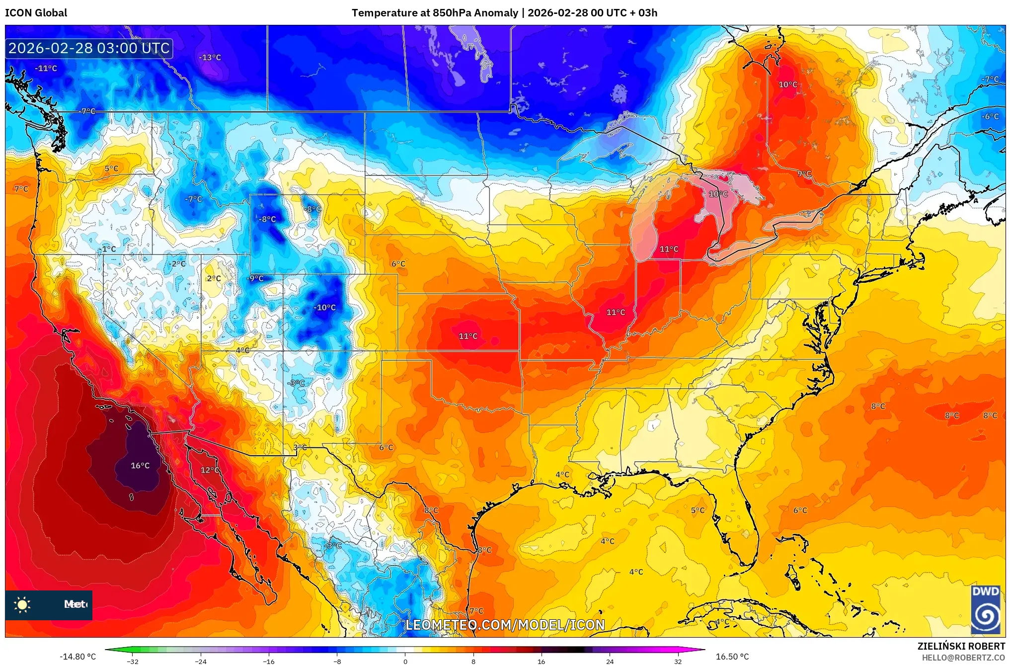 ICON model - Estados Unidos, Anomalía de temperatura a 850 hPa