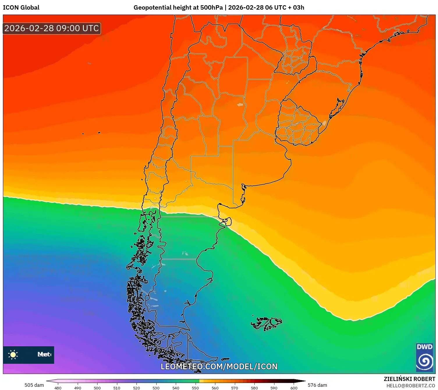 ICON model - Argentina, Altura geopotencial a 500 hPa