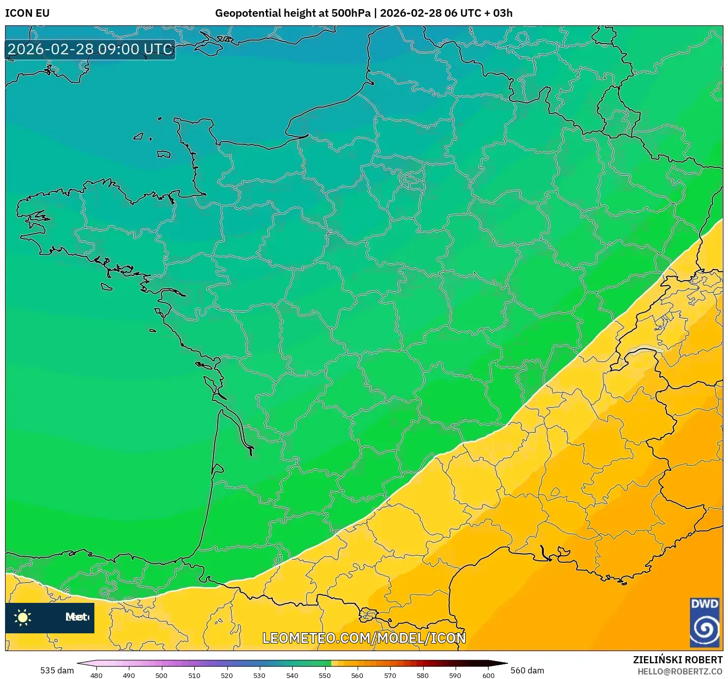 ICON model - Francia, Altura geopotencial a 500 hPa
