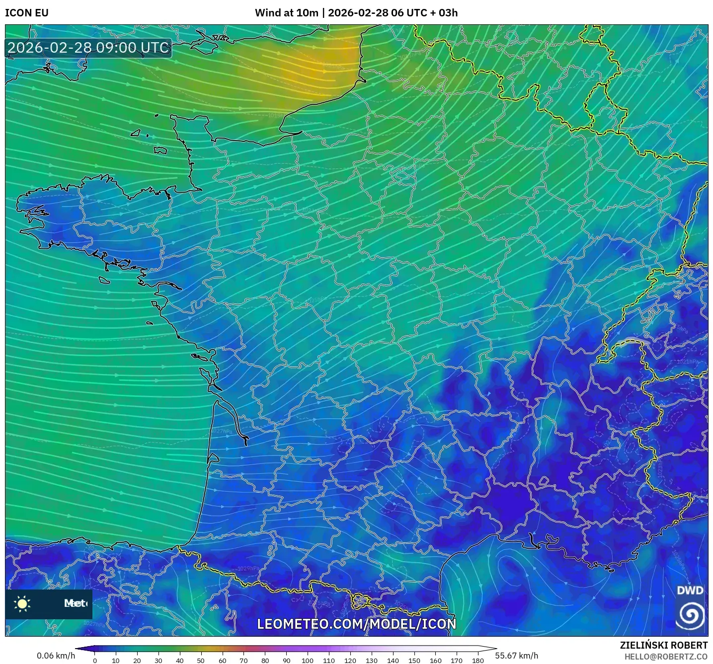 ICON model - Francia, Viento a 10 m