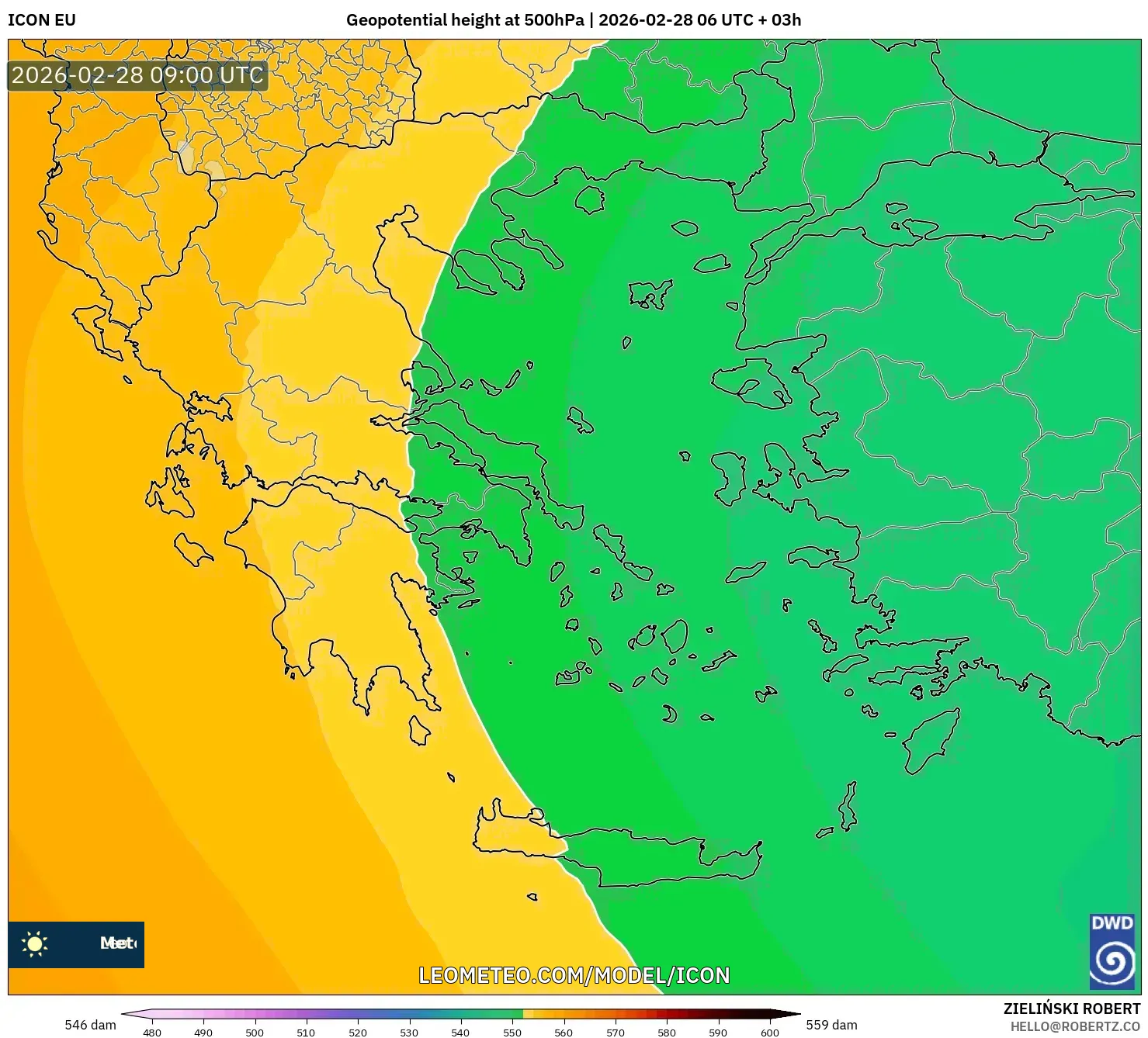 ICON model - Grecia, Altura geopotencial a 500 hPa