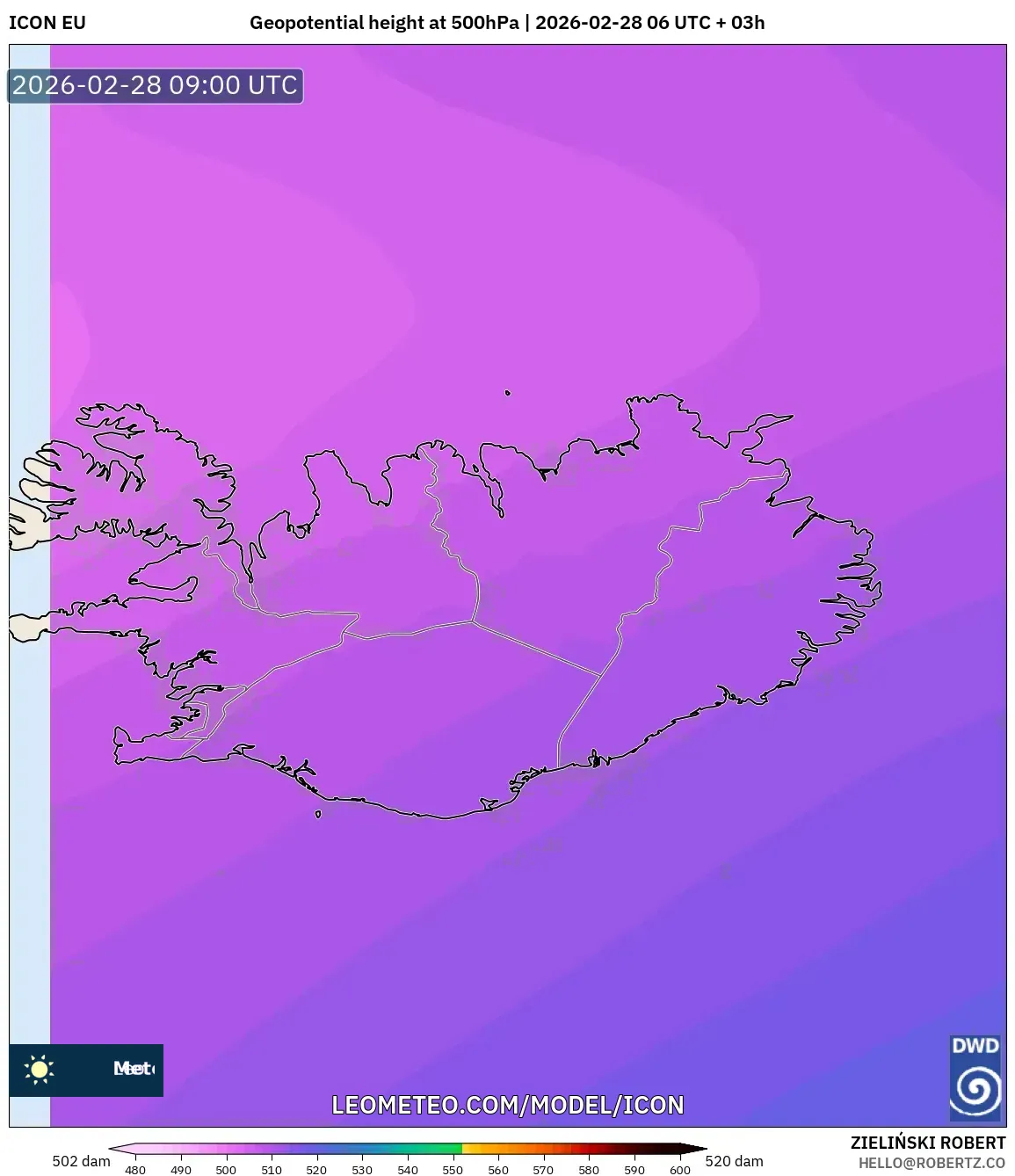 ICON model - Islandia, Altura geopotencial a 500 hPa