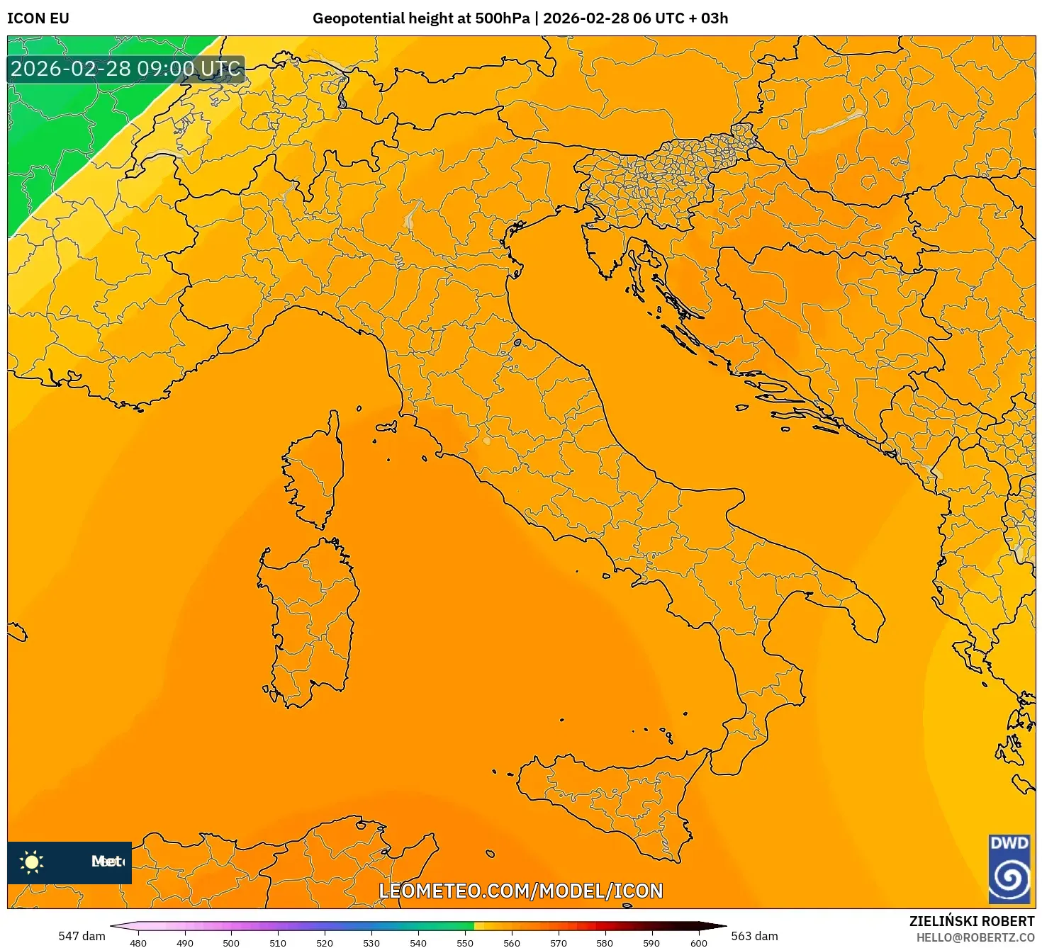 ICON model - Italia, Altura geopotencial a 500 hPa