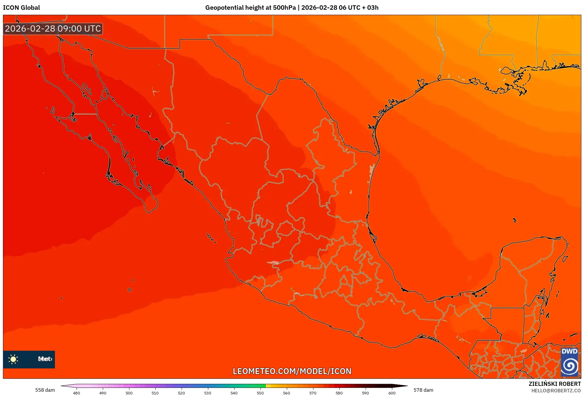 ICON model - México, Altura geopotencial a 500 hPa
