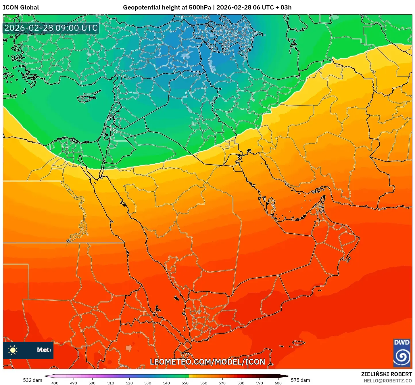 ICON model - Oriente Medio, Altura geopotencial a 500 hPa
