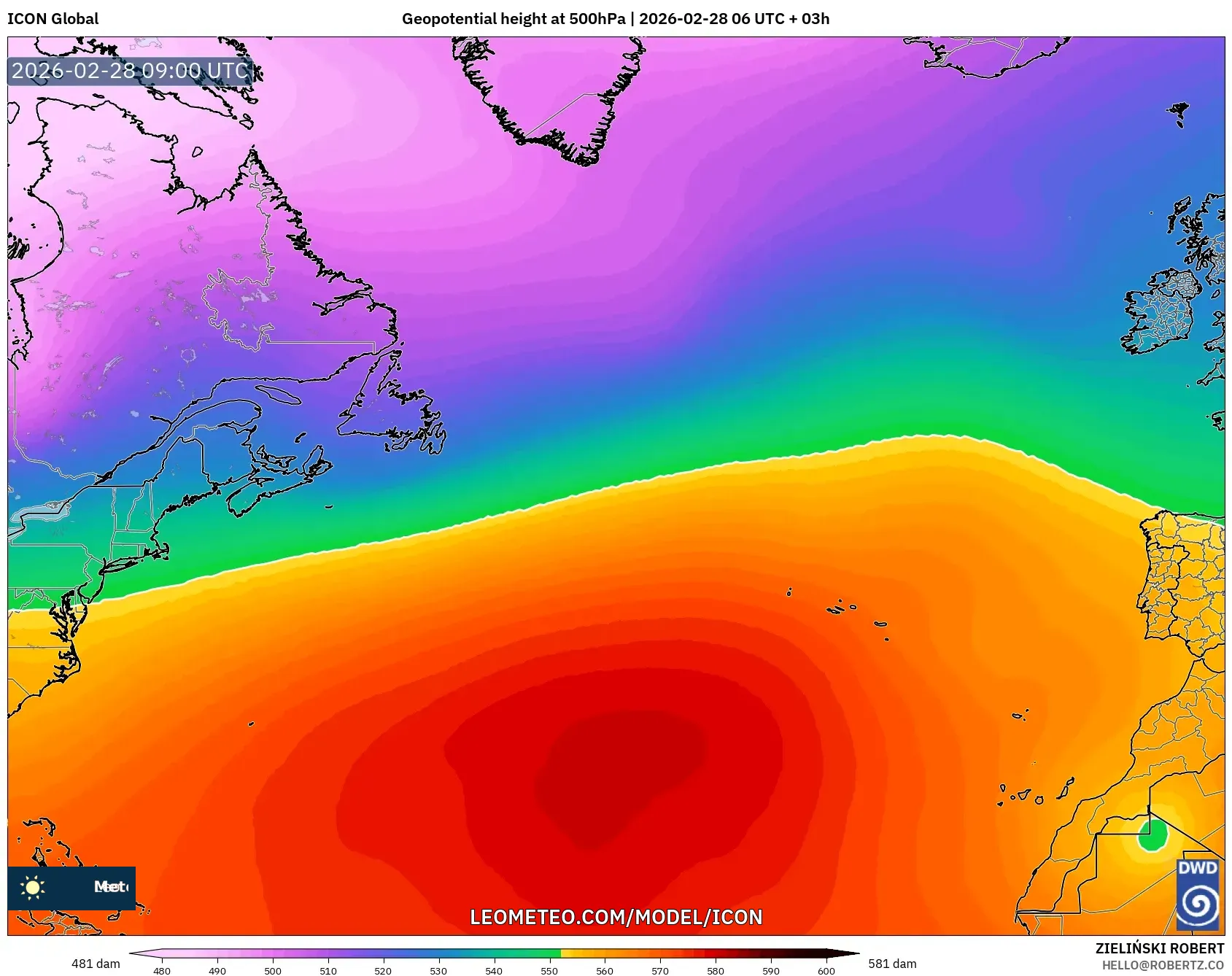ICON model - Norte Atlántico, Altura geopotencial a 500 hPa