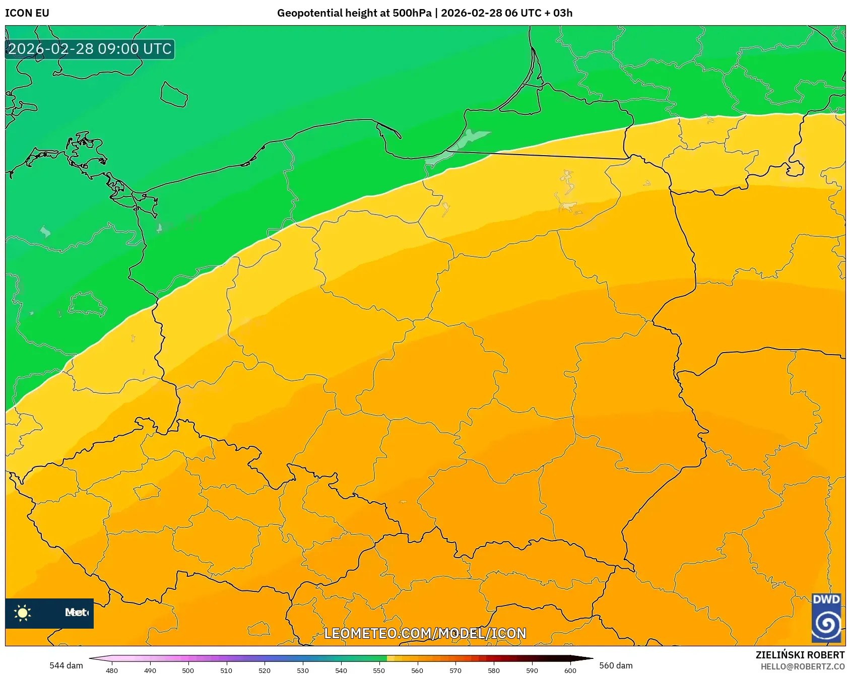 ICON model - Polonia, Altura geopotencial a 500 hPa