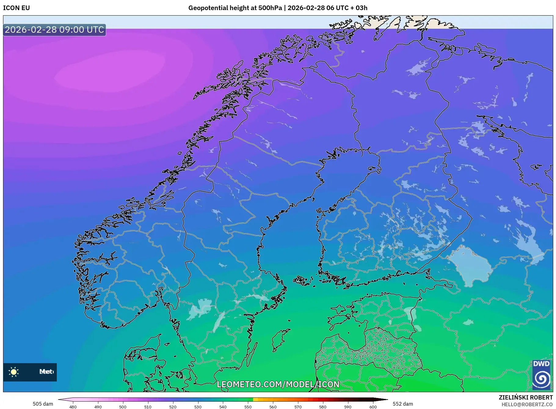 ICON model - Escandinavia, Altura geopotencial a 500 hPa