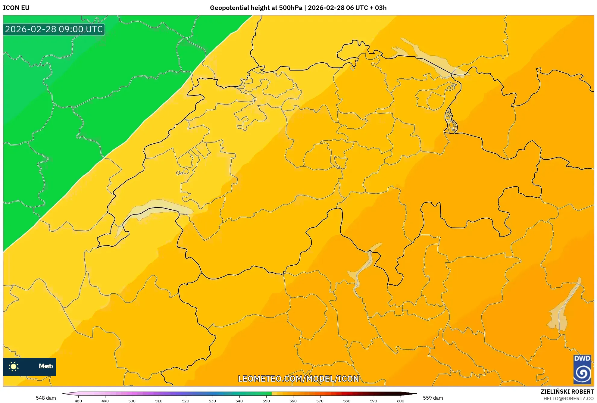 ICON model - Suiza, Altura geopotencial a 500 hPa