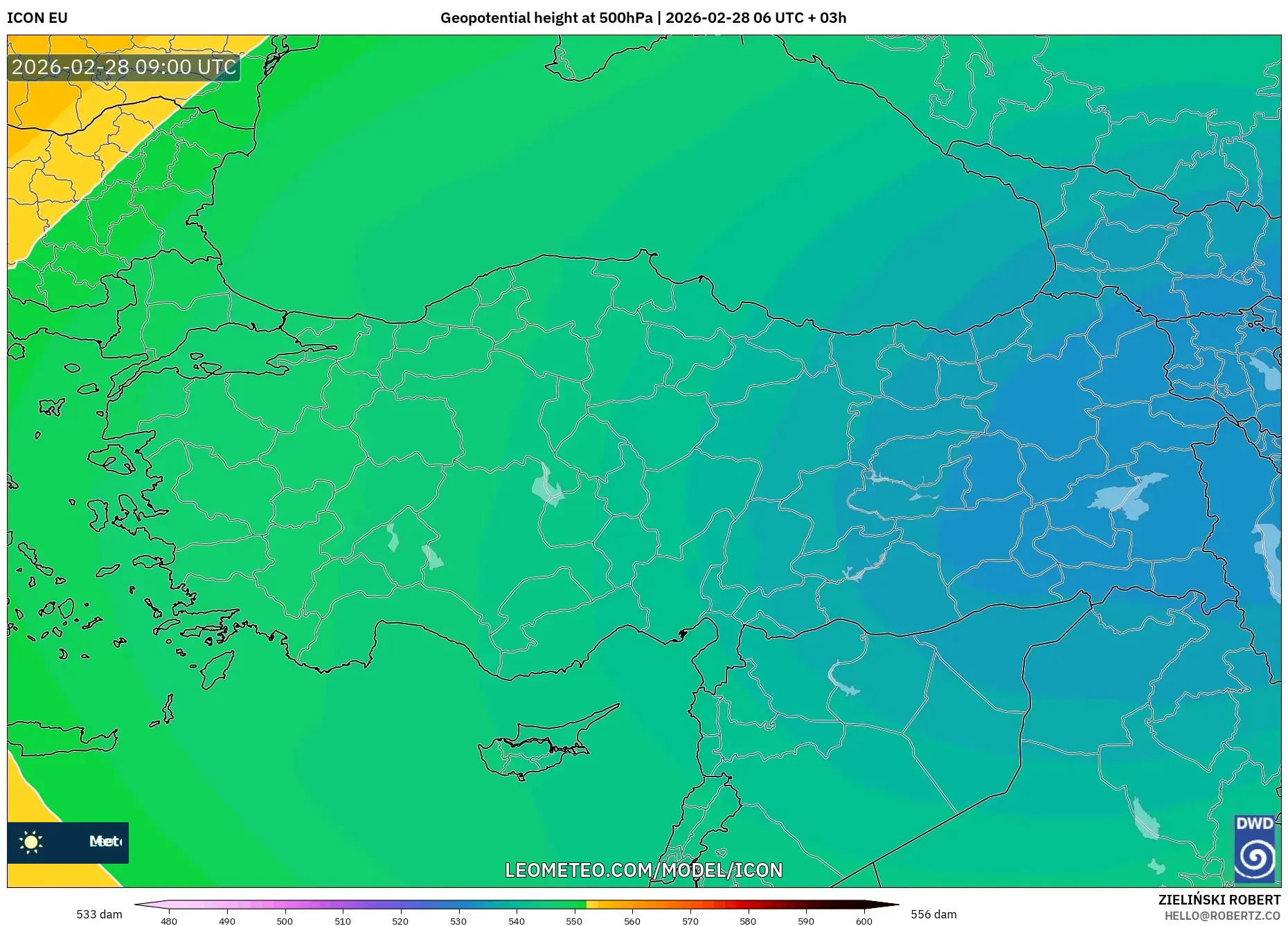 ICON model - Turquía, Altura geopotencial a 500 hPa