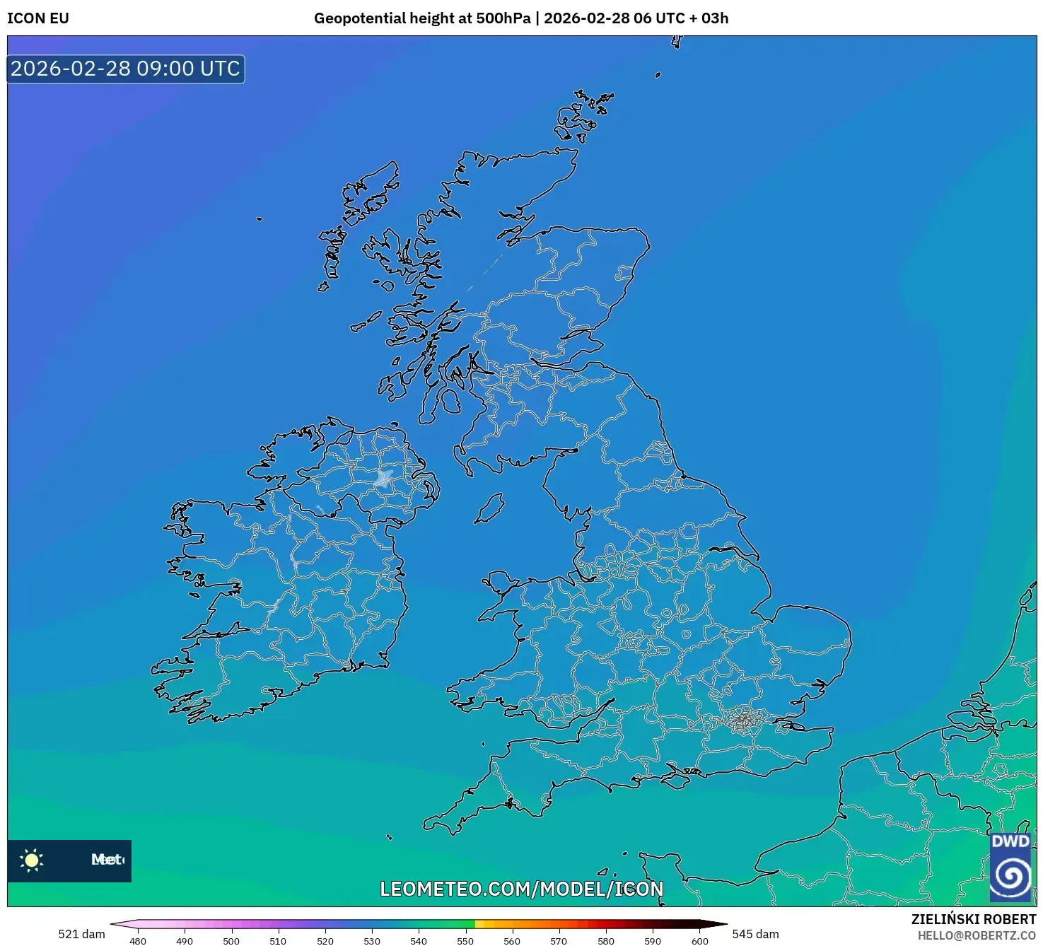 ICON model - Reino Unido, Altura geopotencial a 500 hPa