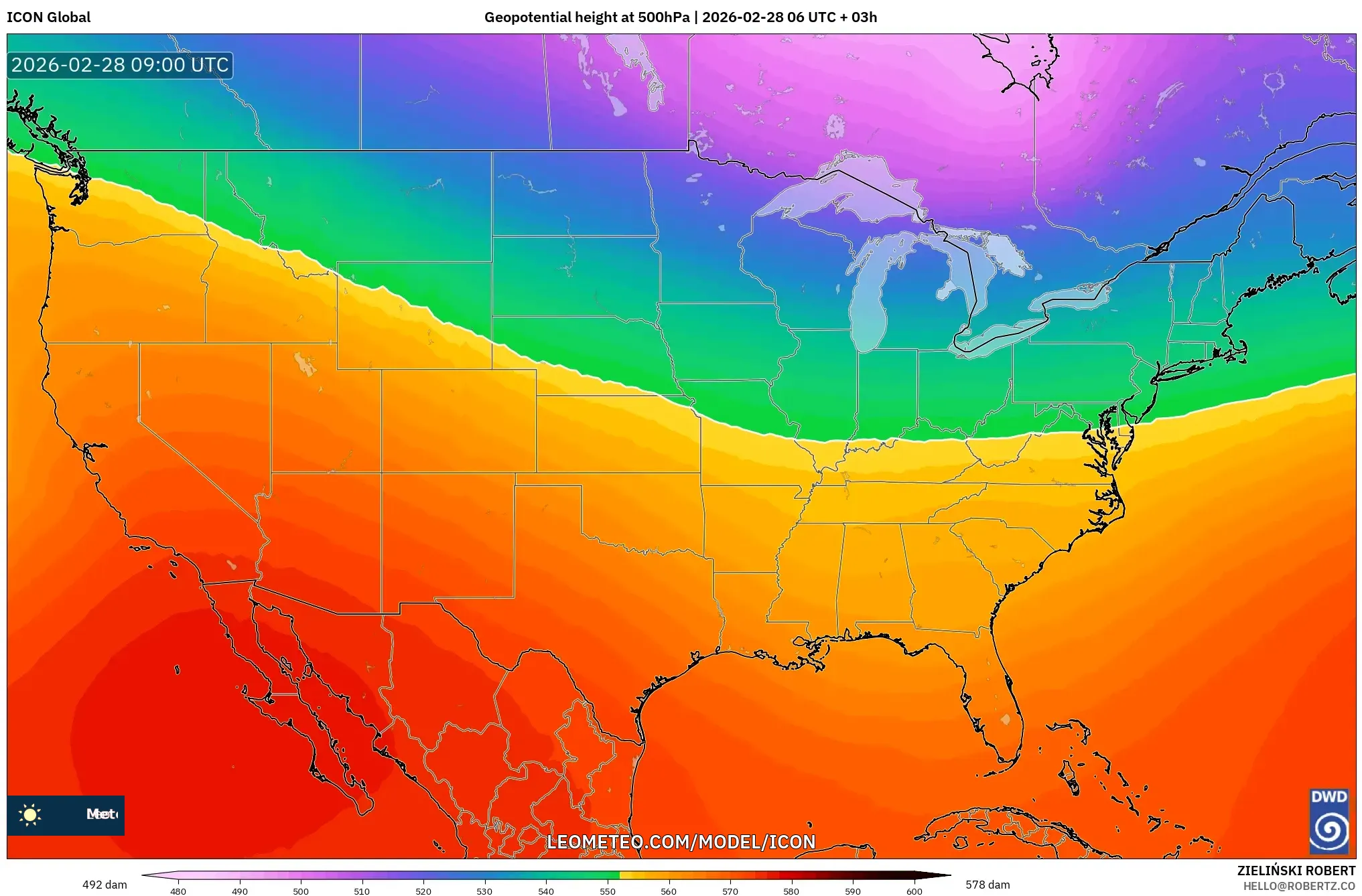 ICON model - Estados Unidos, Altura geopotencial a 500 hPa