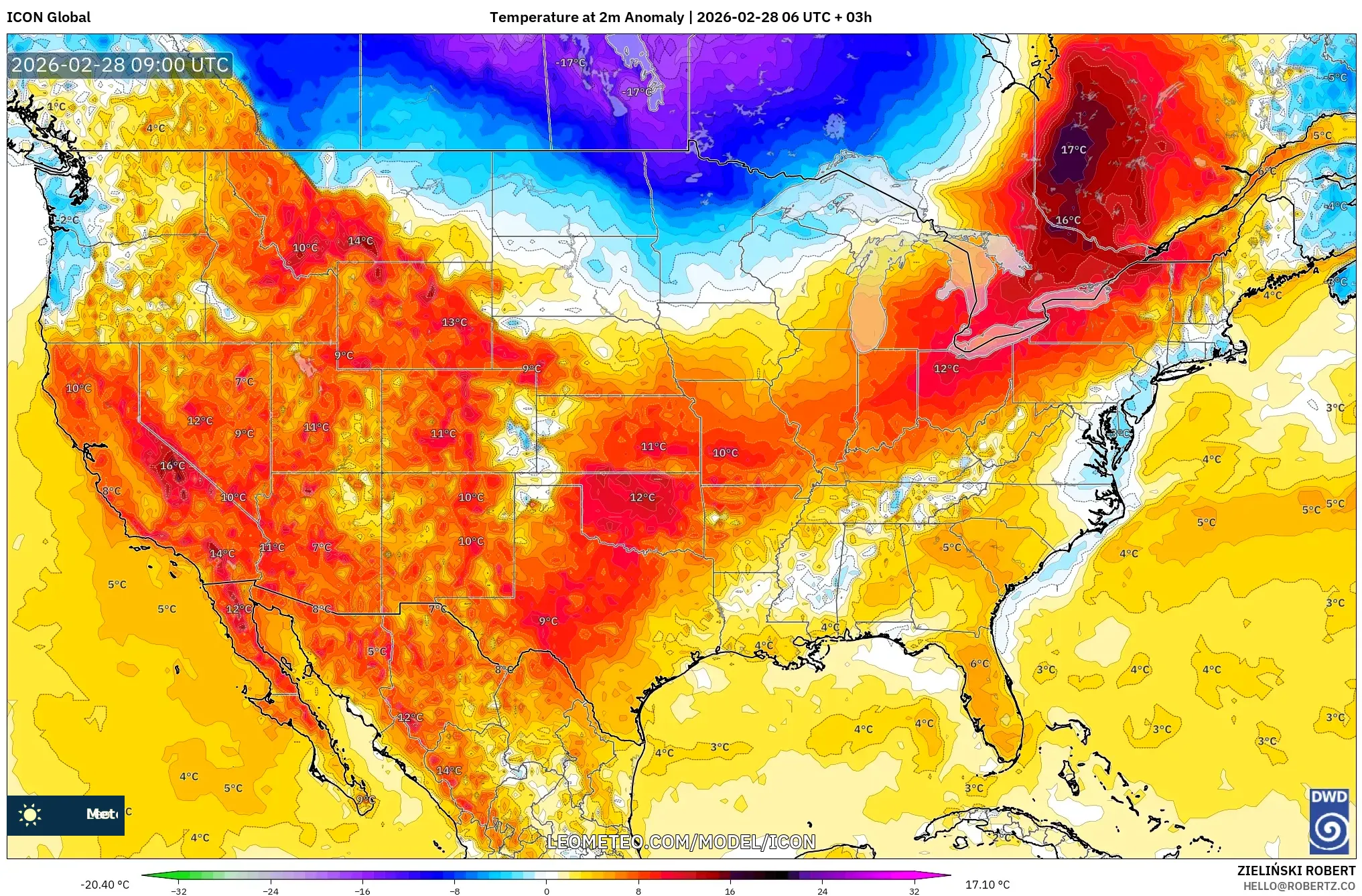 ICON model - Estados Unidos, Anomalía de temperatura a 2 m