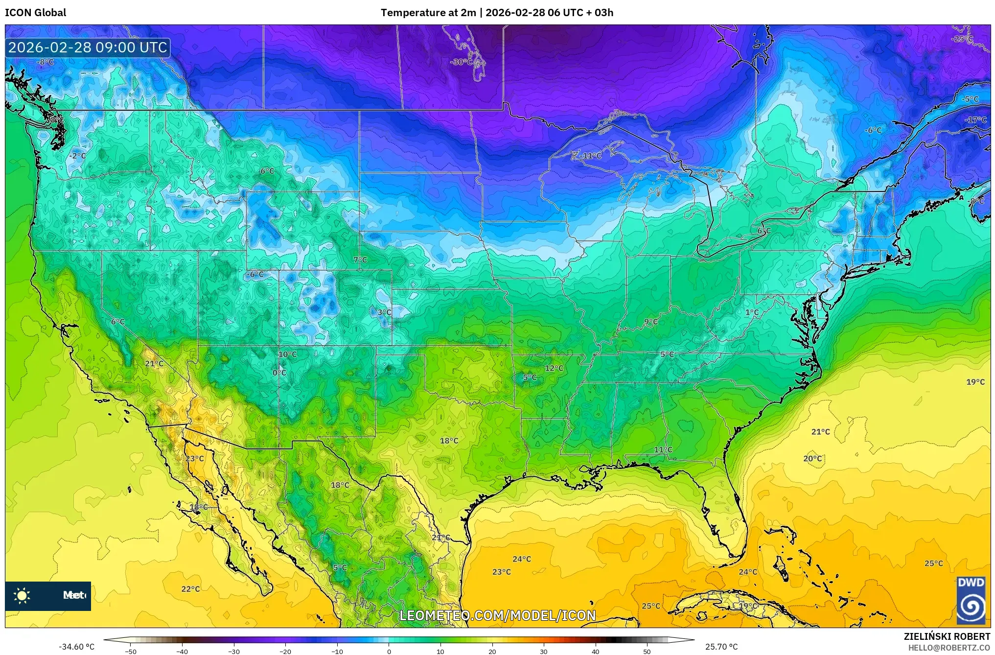 ICON model - Estados Unidos, Temperatura a 2 m