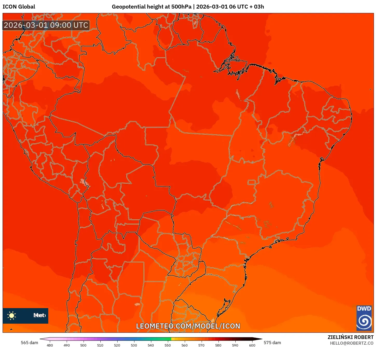 ICON model - Brasil, Altura geopotencial a 500 hPa