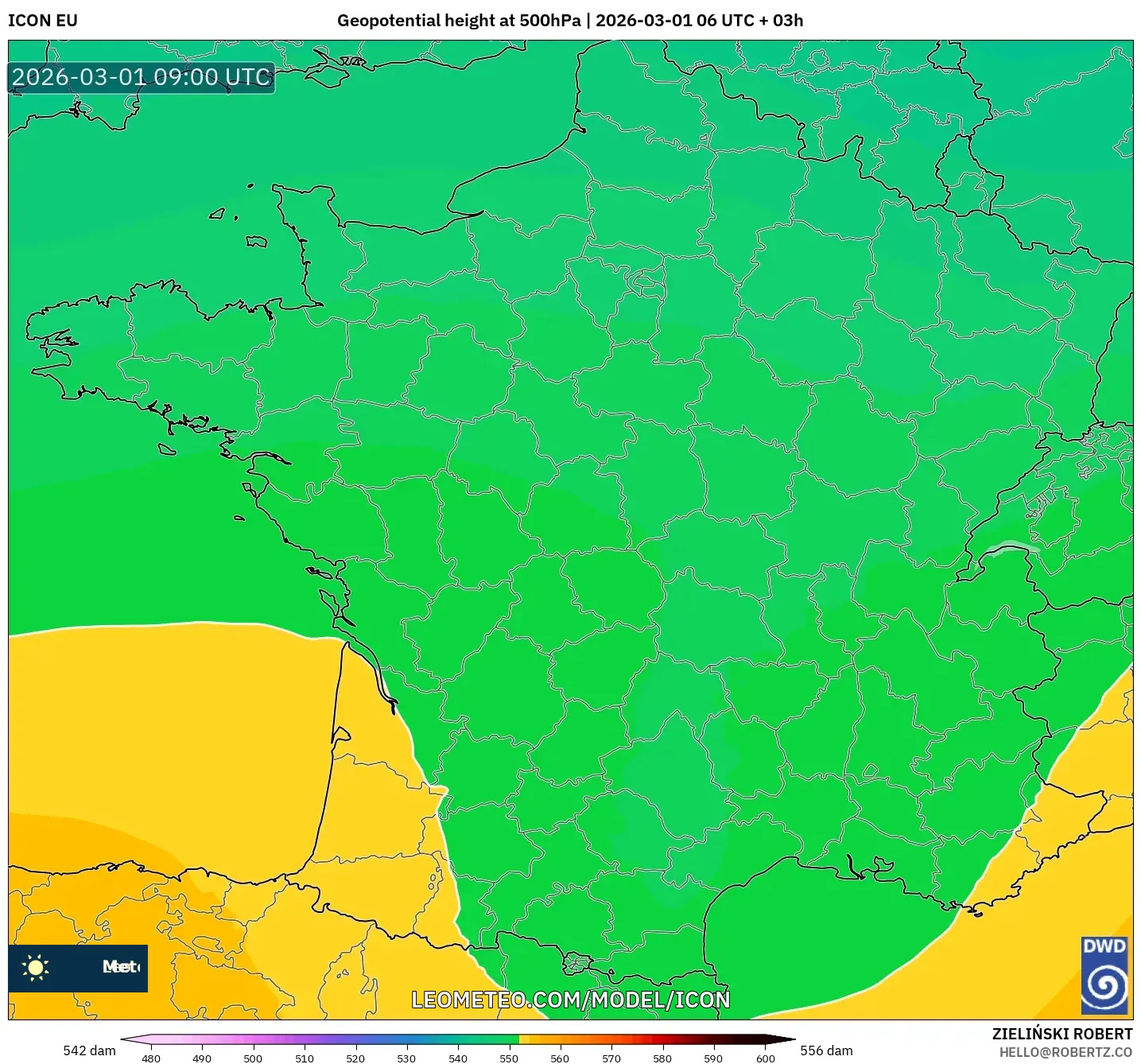 ICON model - Francia, Altura geopotencial a 500 hPa