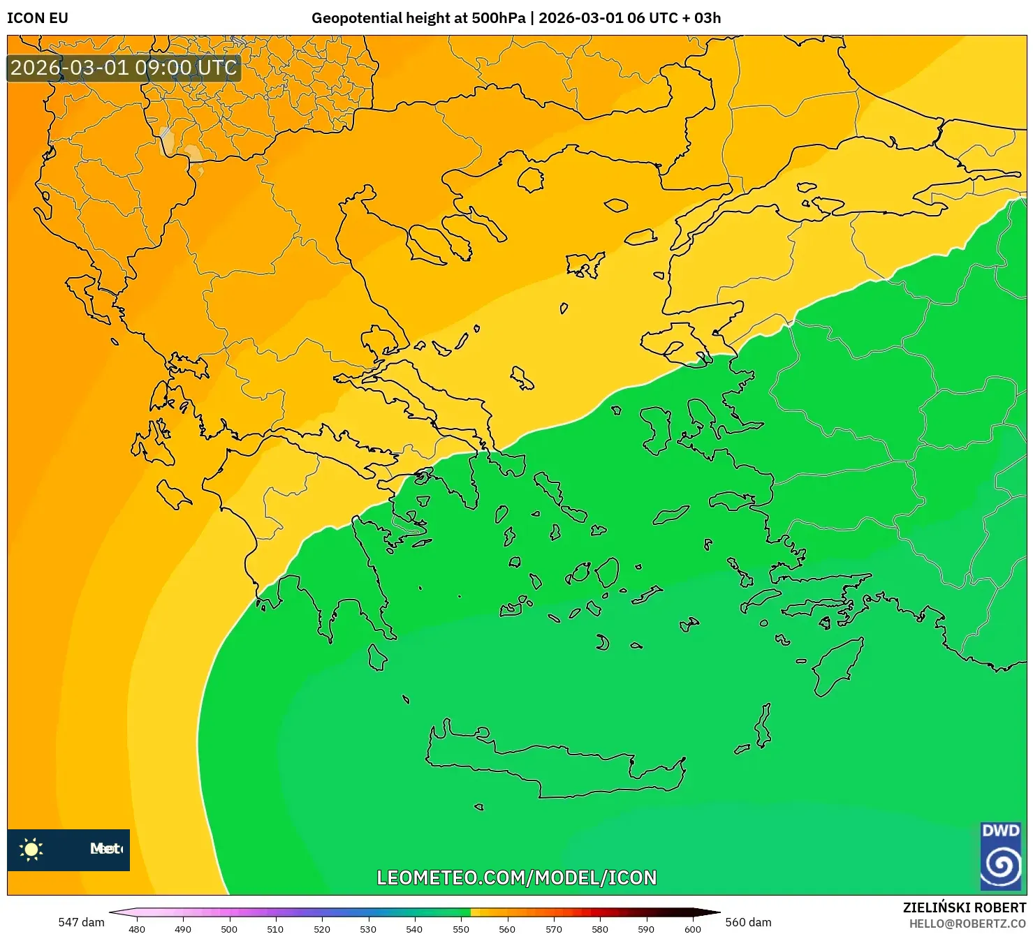 ICON model - Grecia, Altura geopotencial a 500 hPa