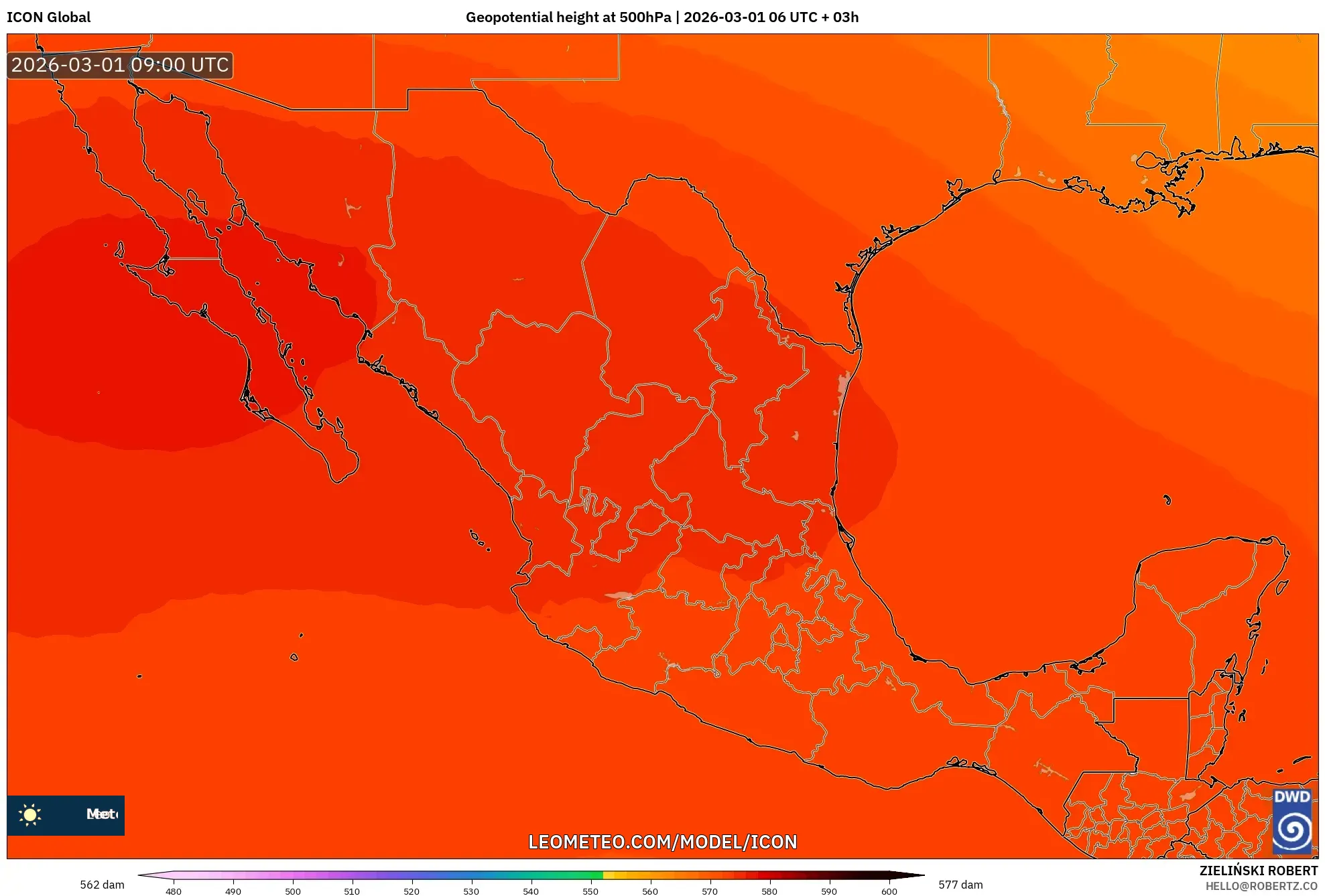 ICON model - México, Altura geopotencial a 500 hPa